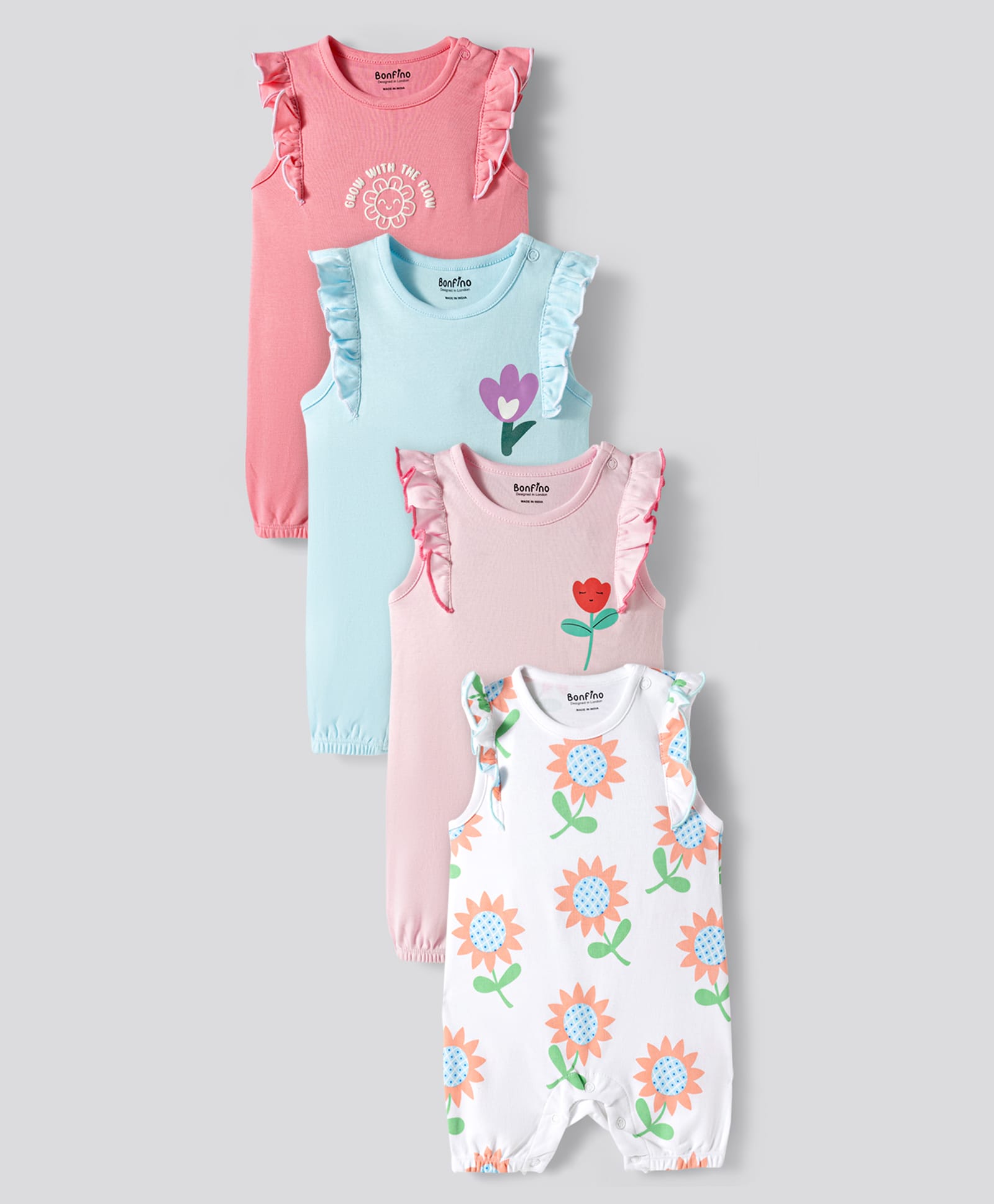 Bonfino 100% Cotton Knit Frill Sleeves Rompers with Floral Print Pack of 4 - Multicolor-image-41