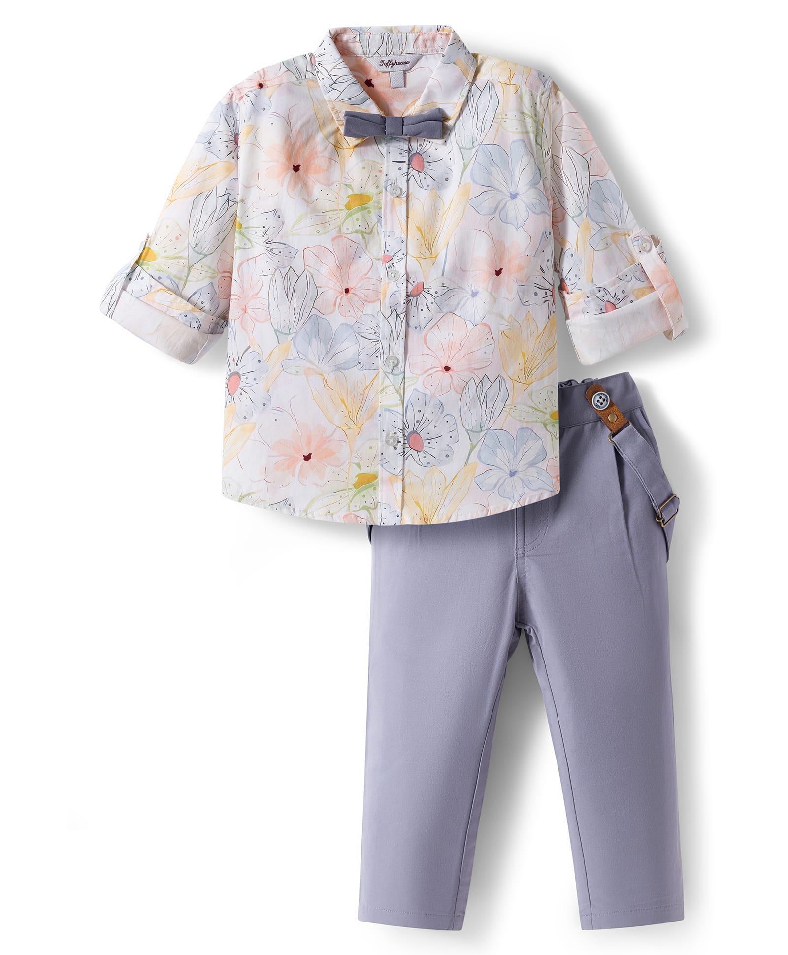 ToffyHouse Poplin Knit Full Sleeves Floral Printed Shirt & Trouser Set with Suspender & Bow - Light Blue-image-22