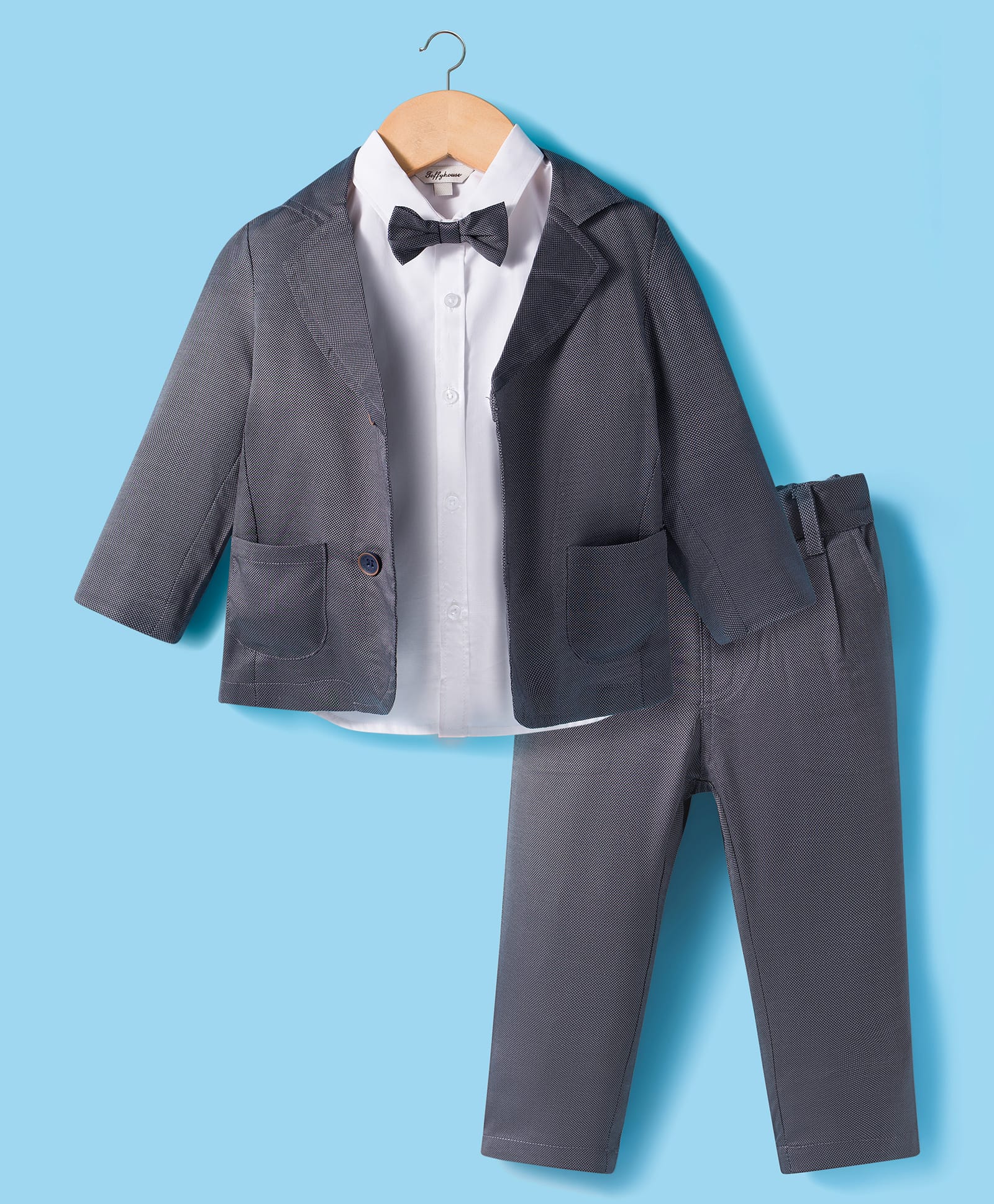 ToffyHouse Poplin Knit Full Sleeves Solid 3 Piece Party Suit With Bow Applique - Charcoal Grey-image-40