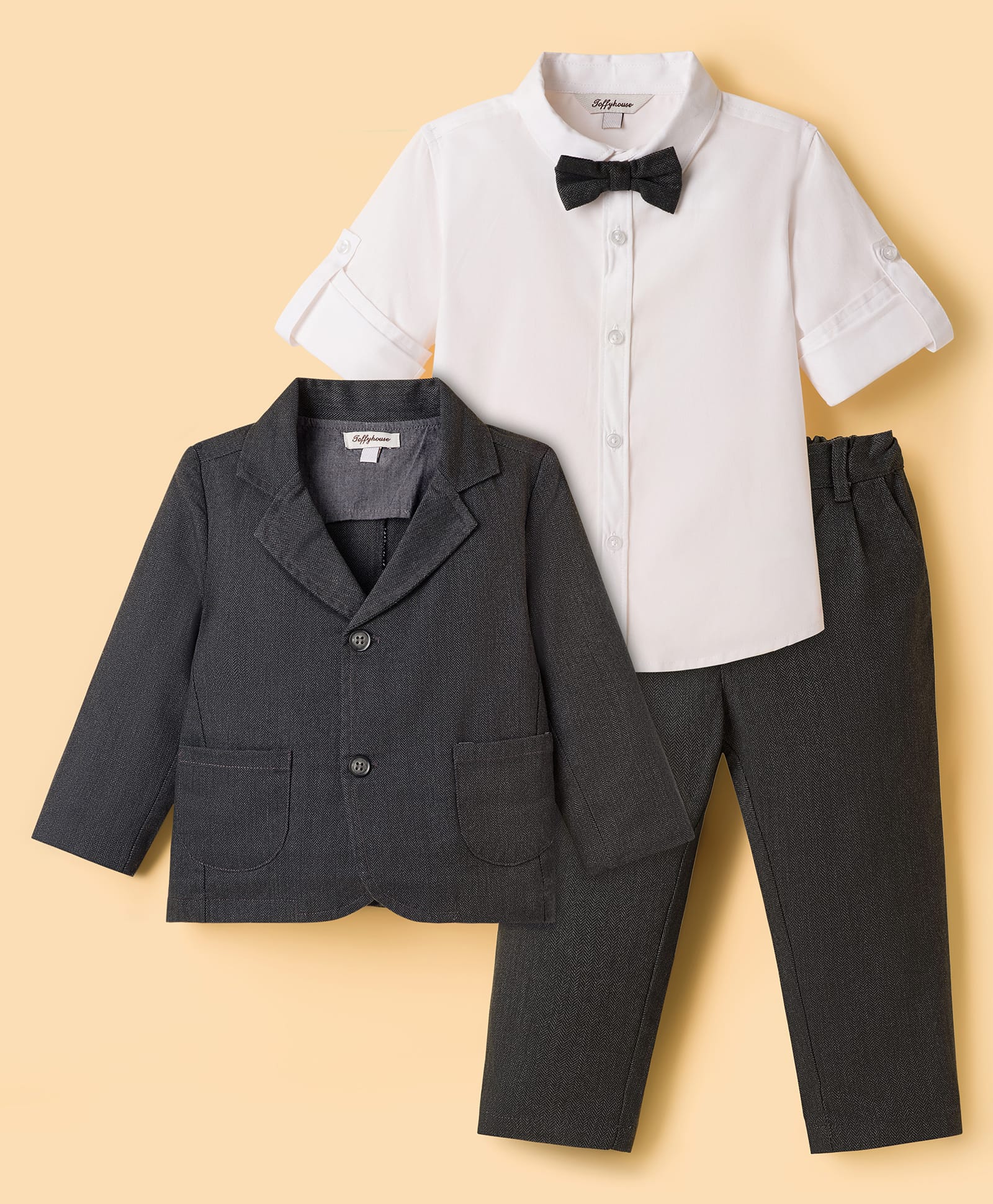 ToffyHouse Poplin Knit Full Sleeves Solid Colour 3 Piece Party Suit - Charcoal Grey & White-image-25