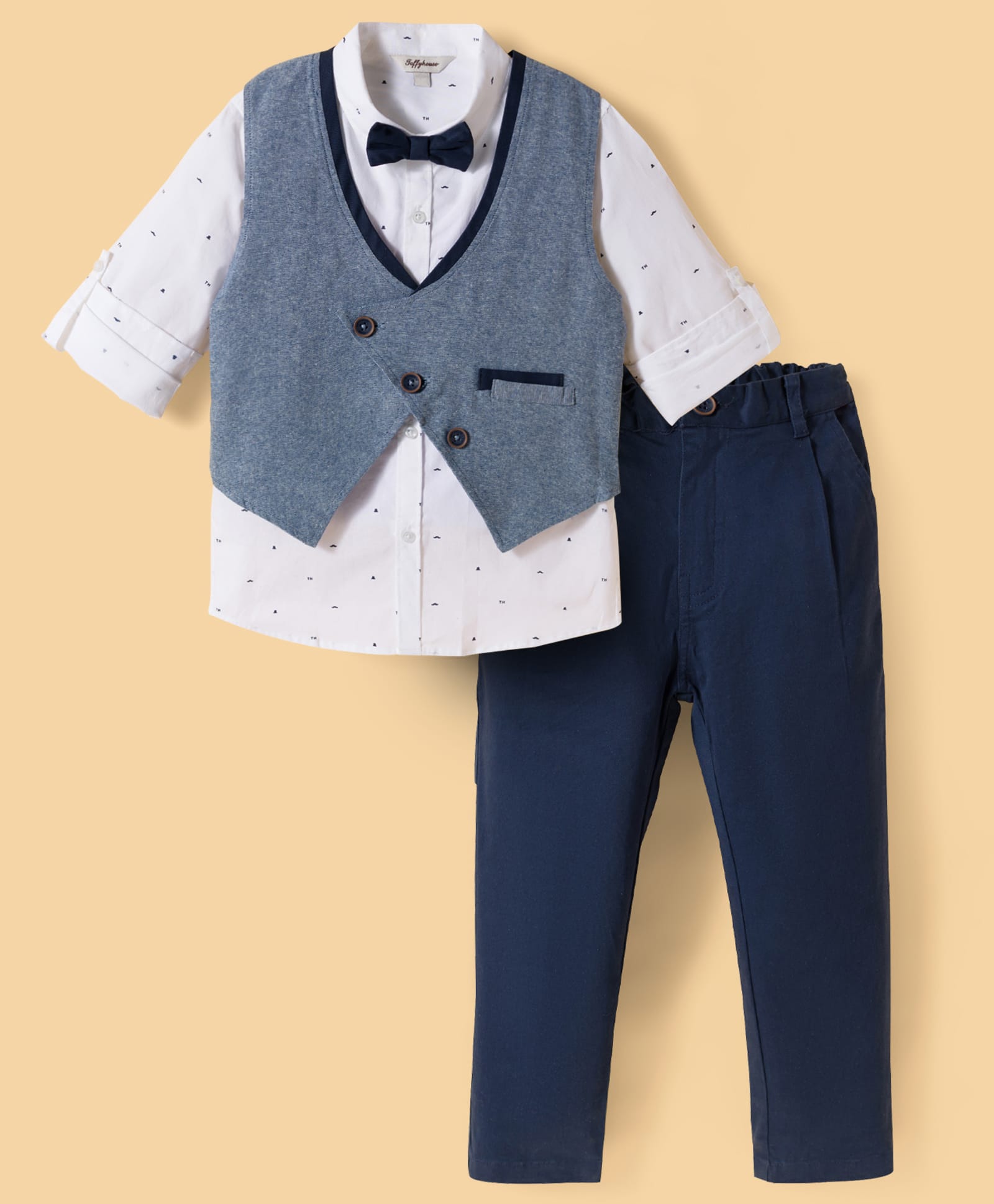 ToffyHouse Poplin Knit Full Sleeves Printed 3 Piece Party Suit With Bow - Navy Blue-picture-29