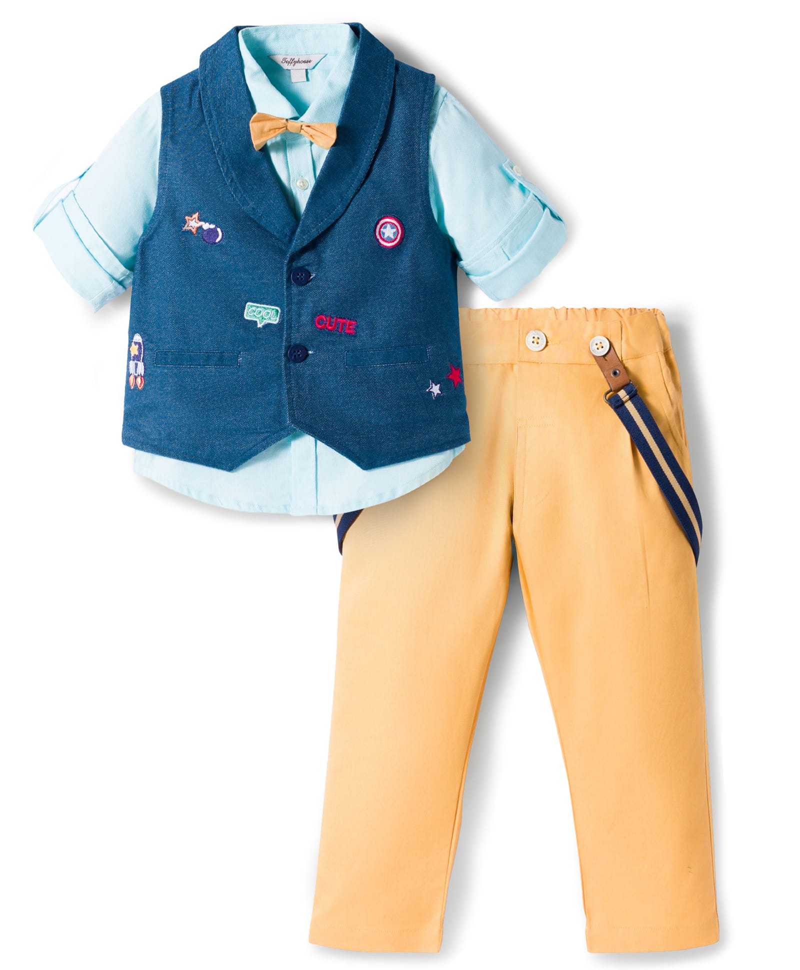 ToffyHouse Poplin Knit Full Sleeves Embroidered 3 Piece Party Suit With Bow & Suspender - Navy Blue-picture-36