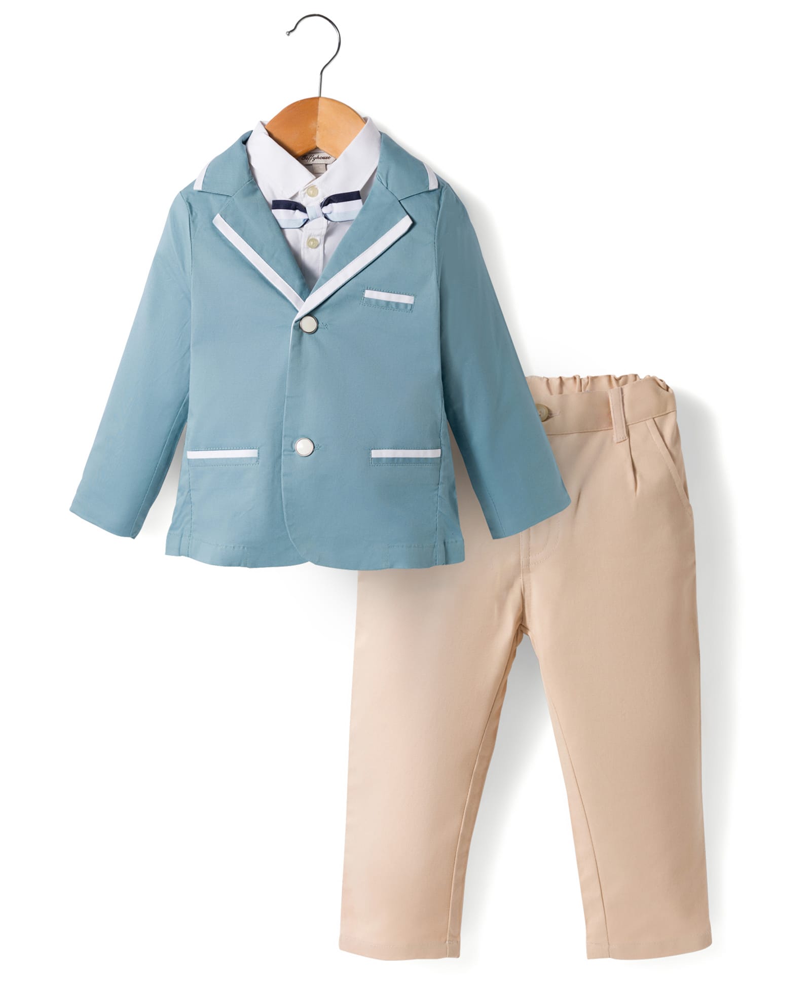 ToffyHouse Poplin Knit Full Sleeves Solid 3 Piece Party Suit With Bow Applique - Blue-picture-41