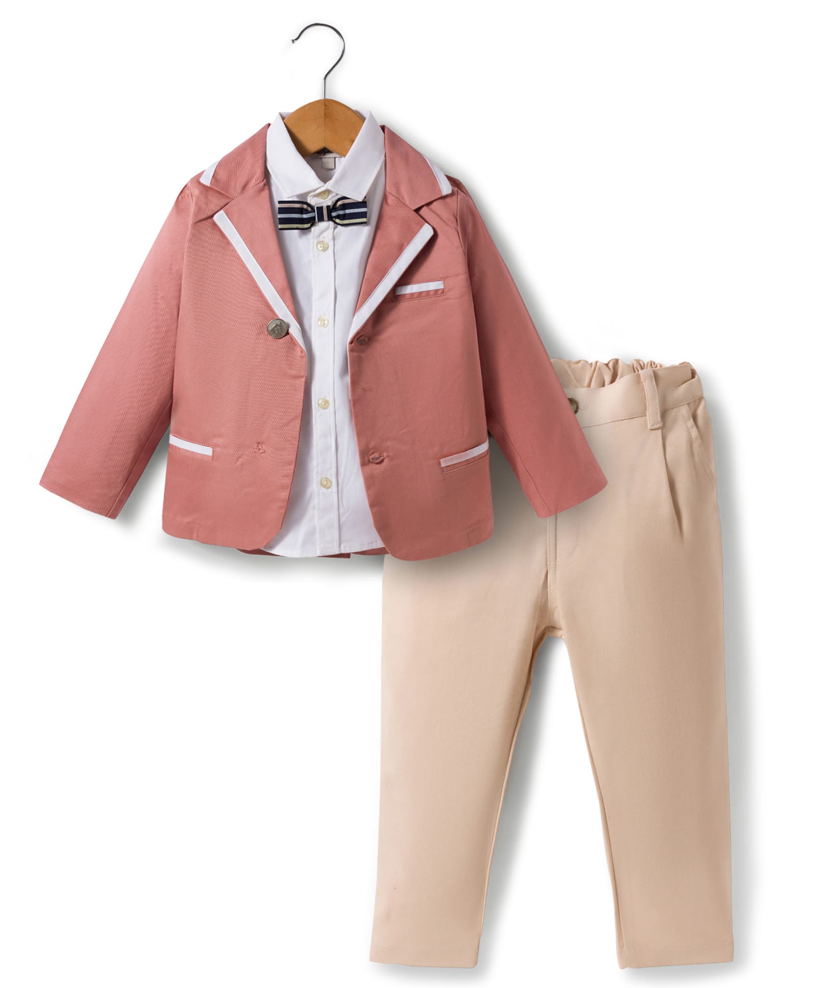 ToffyHouse Poplin Knit Full Sleeves Solid 3 Piece Party Suit With Bow Applique - Rose Gold-image-39