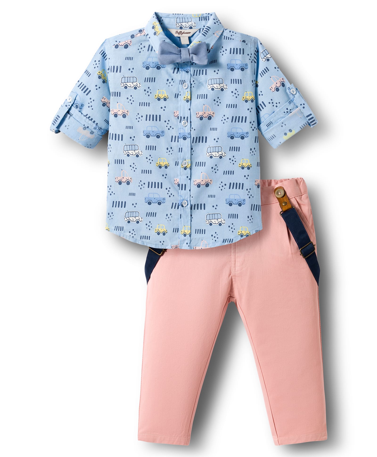 ToffyHouse Poplin Knit Full Sleeves Car Printed Party Shirt & Trouser Set With Bow & Suspender - Light Blue & Pink-image-23