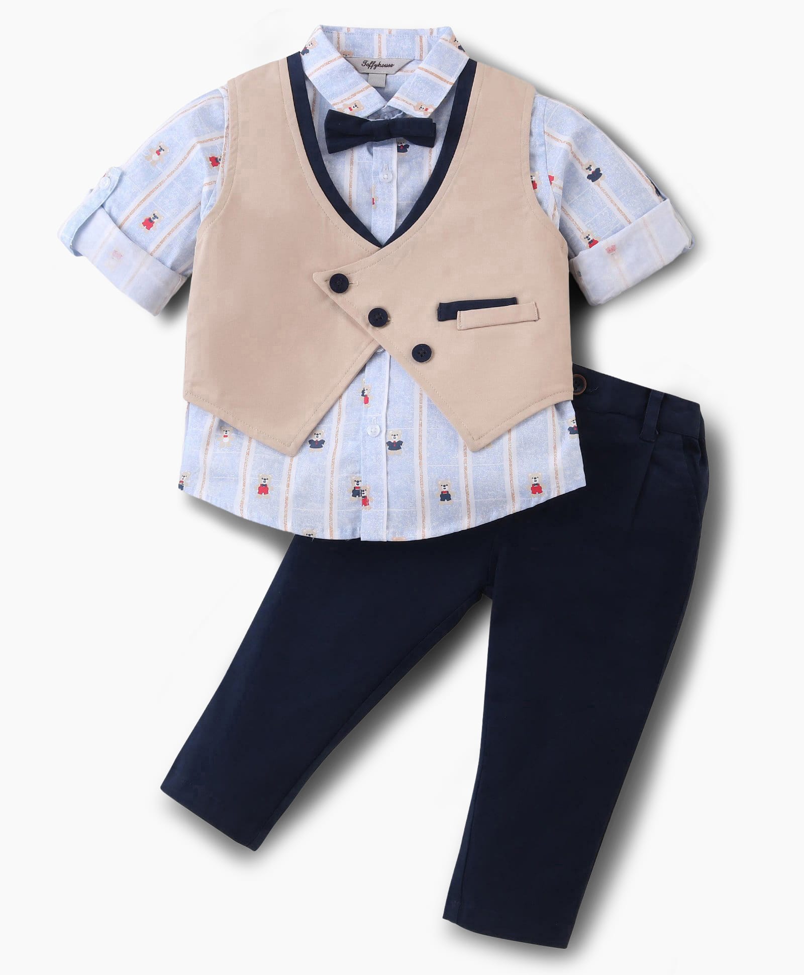 ToffyHouse Poplin Knit Full Sleeves Teddy Bear Printed 3 Piece Party Suit With Bow - Beige & Navy Blue-image-36