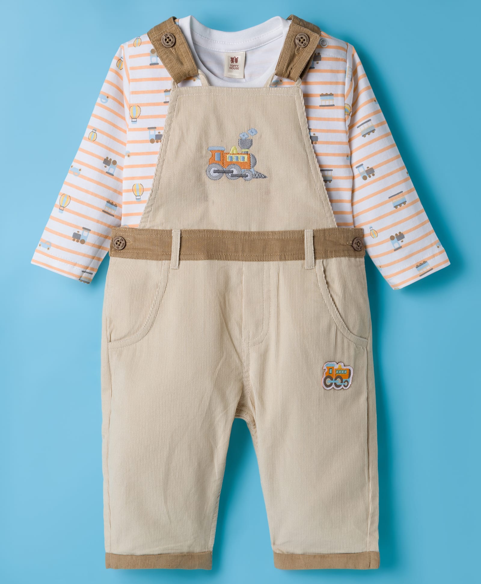 ToffyHouse Corduroy Knit Dungaree & Full Sleeves Inner Tee With Train Print & Embroidery - Beige-image-4