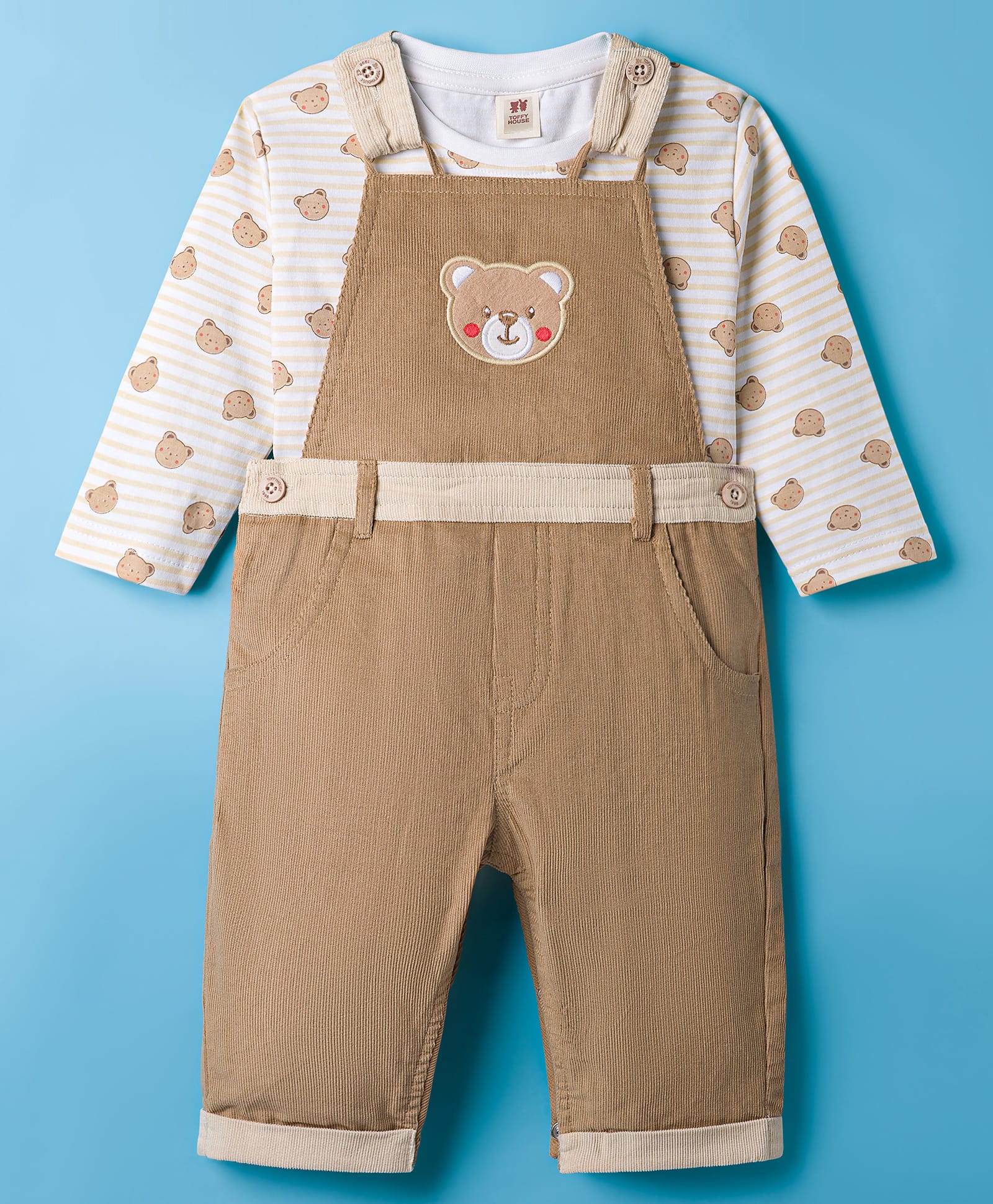 ToffyHouse Corduroy Knit Dungaree & Full Sleeves Inner Tee With Teddy Bear Print & Embroidery - Light Brown-image-27
