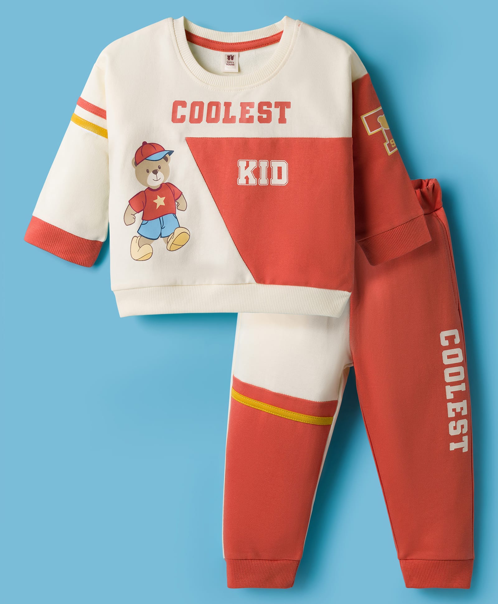 ToffyHouse Knitted Full Sleeves Cut & Sew T-Shirt & Lounge Pant Set with Coolest Kid Print - Rust Orange-image-27