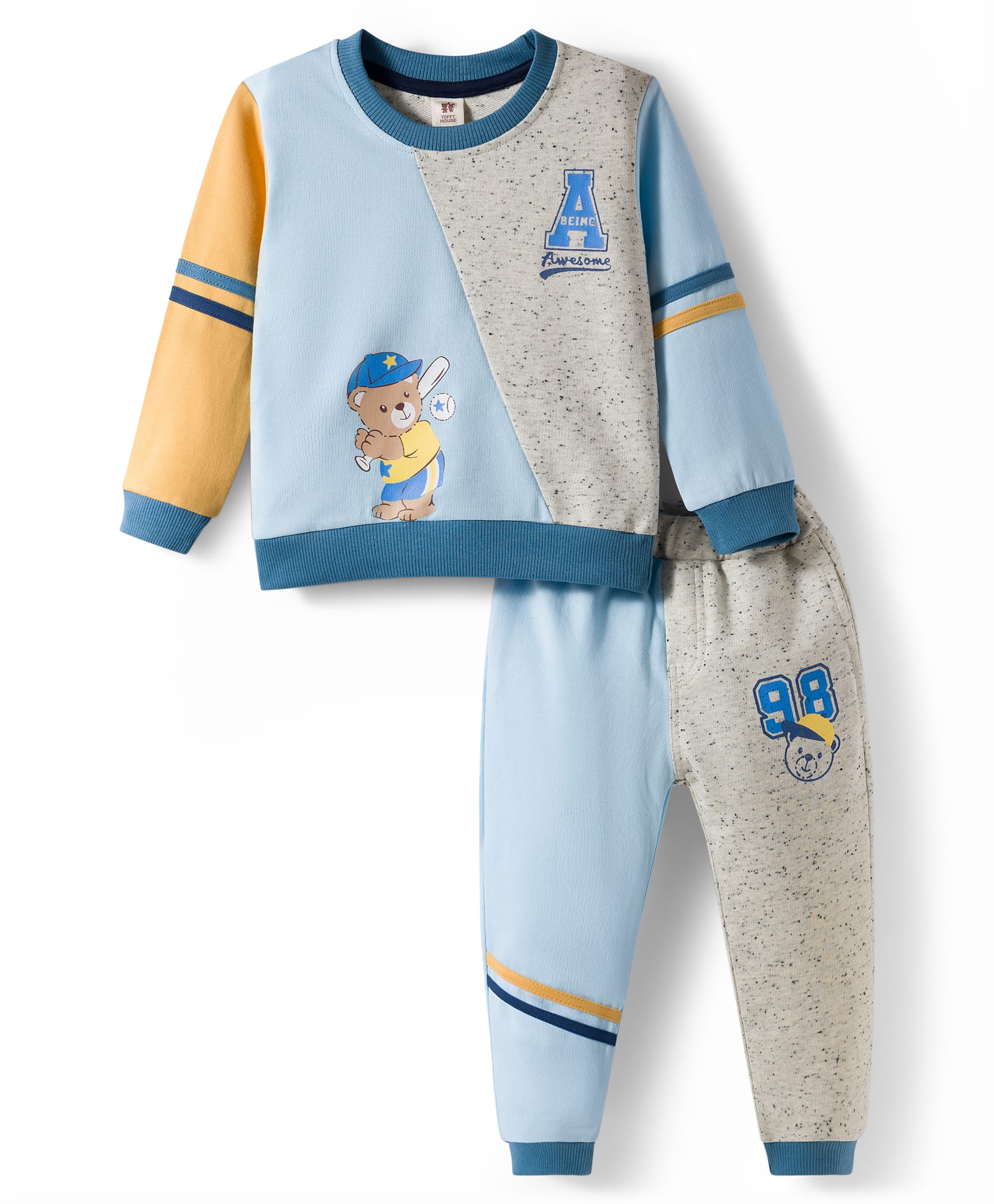 ToffyHouse Knit Full Sleeves T-Shirt & Lounge Pant Set With Teddy Bear Print - Light Blue-picture-45