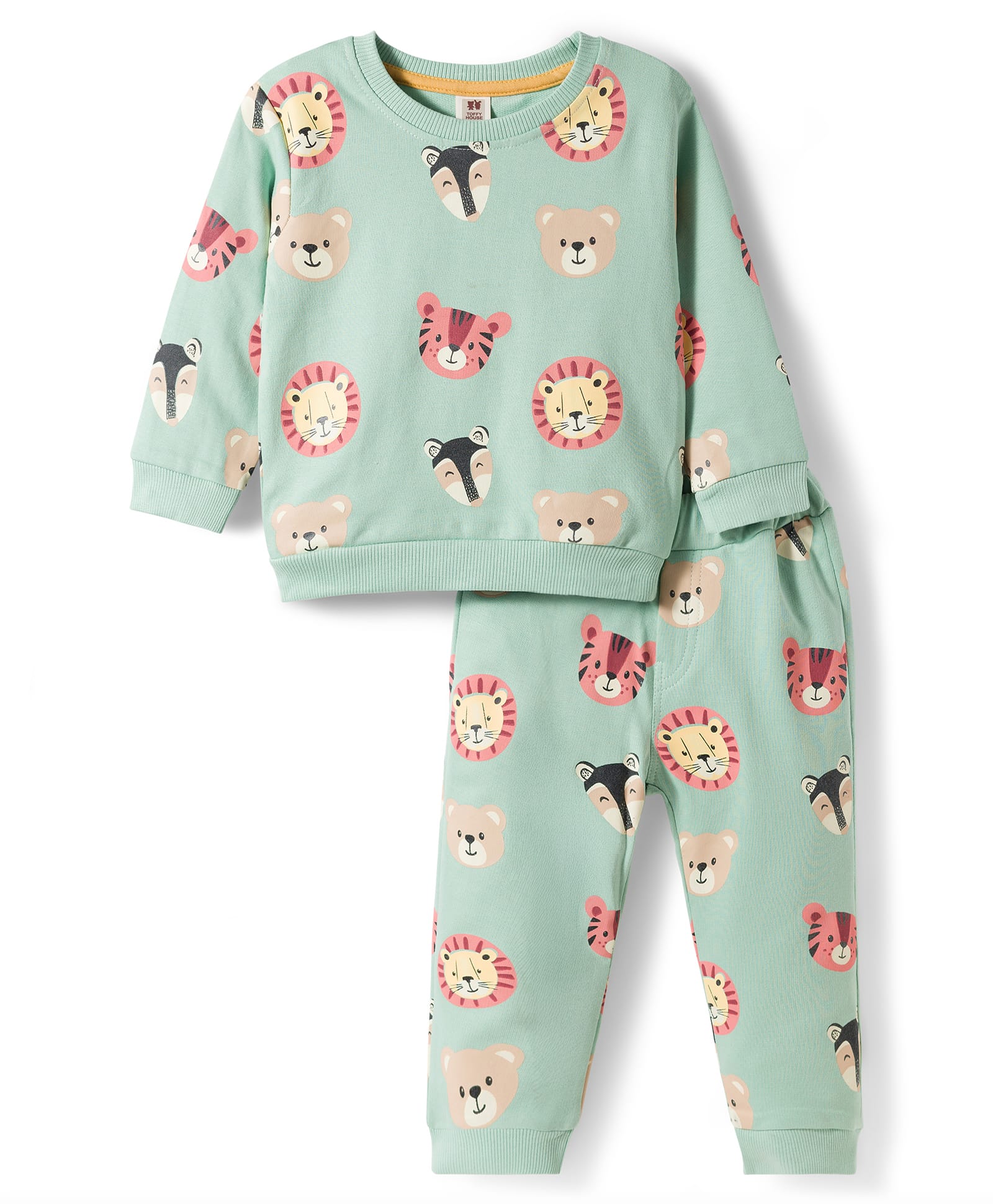 ToffyHouse Knitted Full Sleeves Co-ords T-Shirt & Lounge Pant Night Suit With Lion Print - Green-picture-8