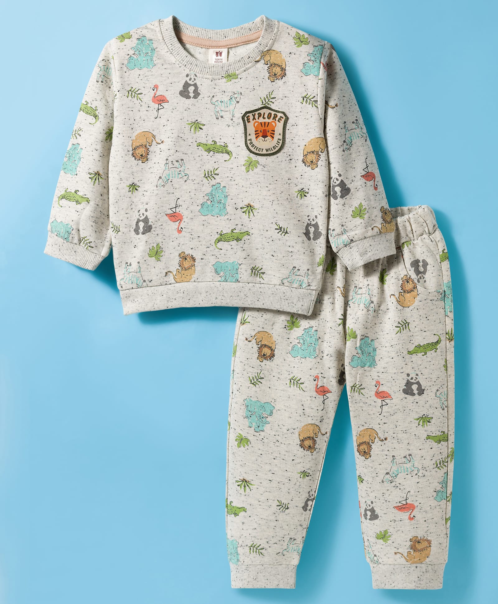 ToffyHouse Knitted Full Sleeves Co-ords T-Shirt & Lounge Pant Night Suit With Jungle Theme Print - Cream-picture-10