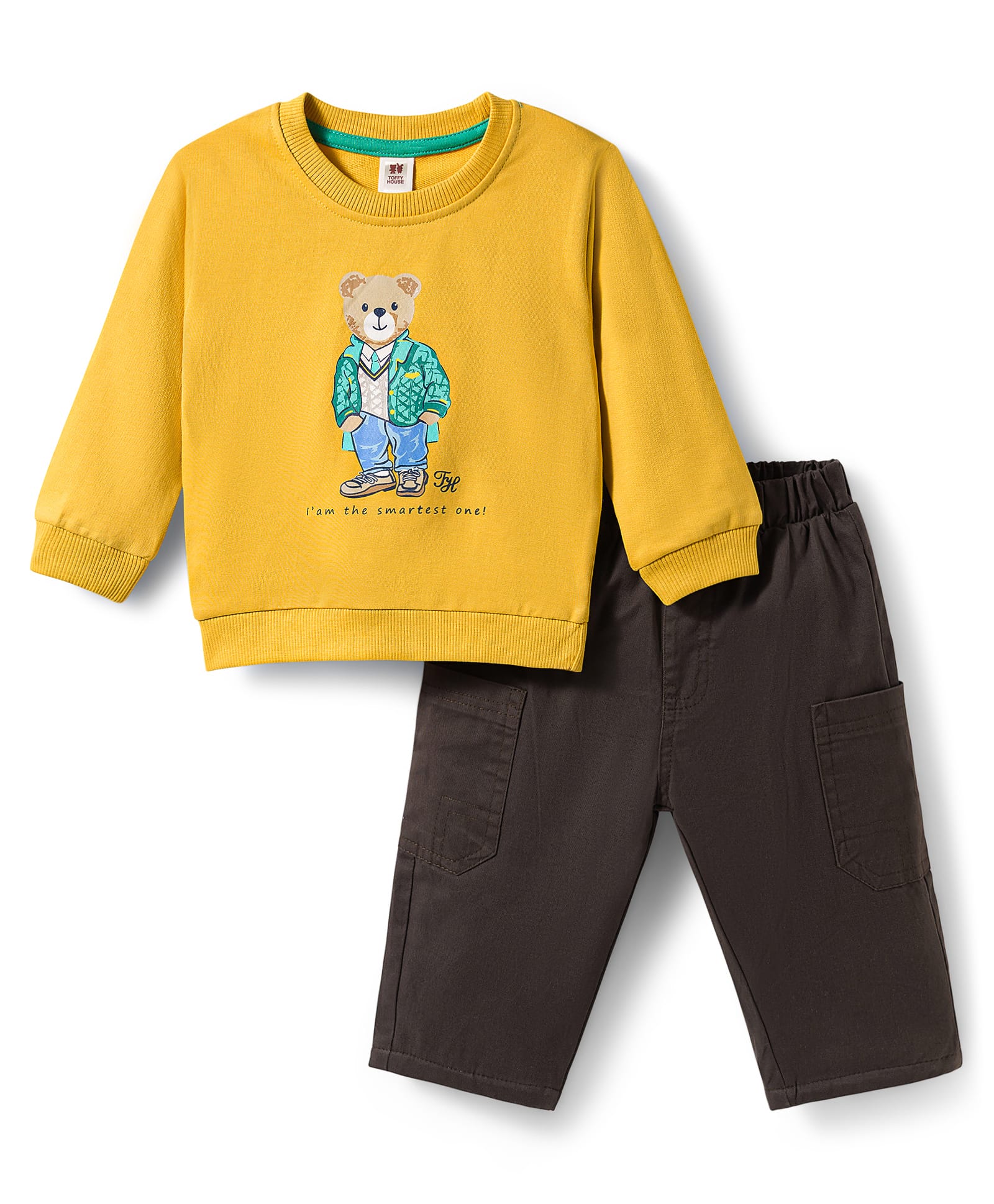 ToffyHouse Knit Full Sleeves T-Shirt & Lounge Pant Set With Teddy Bear Print - Gold-picture-22