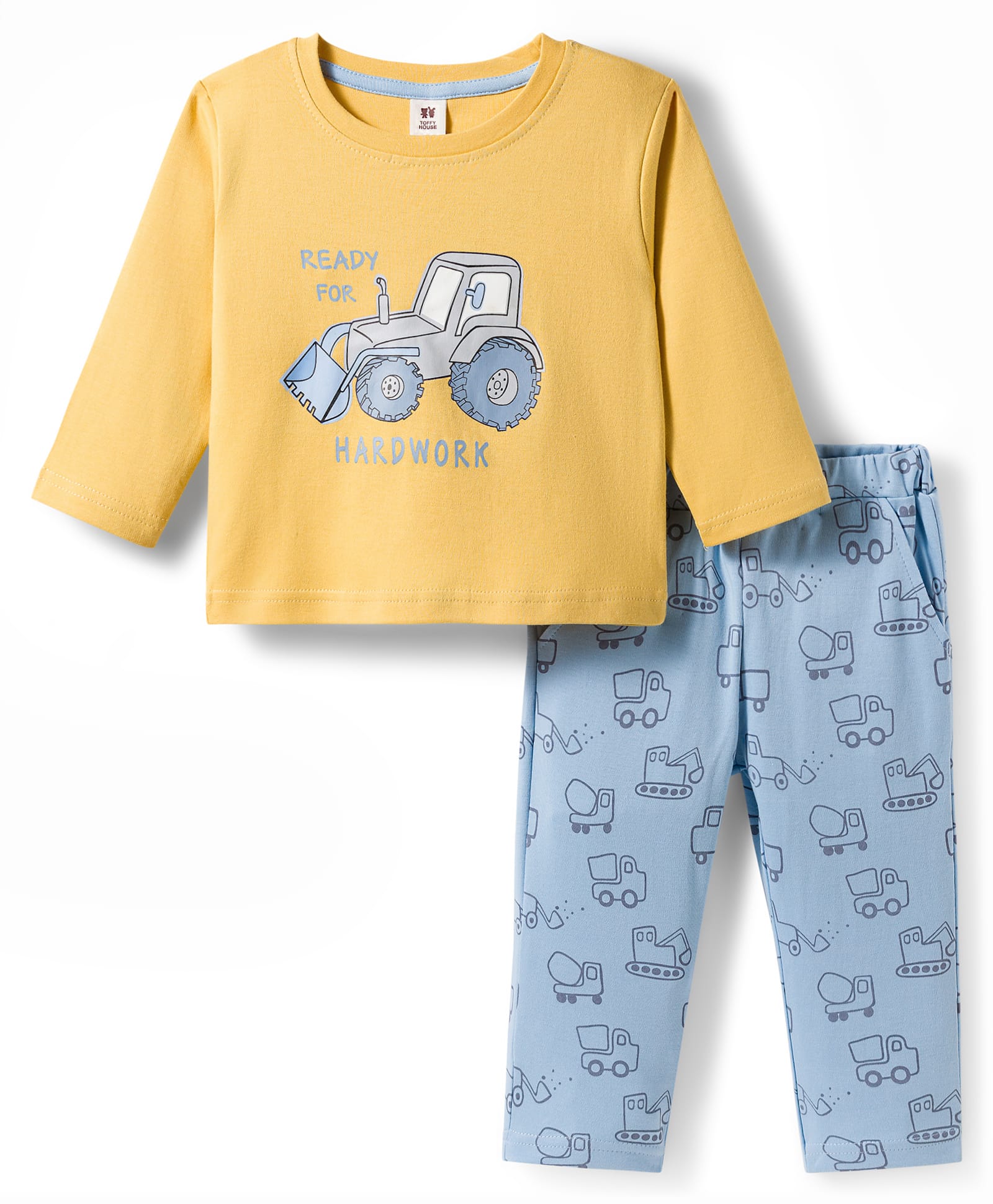 ToffyHouse Knitted Full Sleeves T-Shirt & Pajama Night Suit With Vehicle Print - Yellow & Light Blue-picture-40