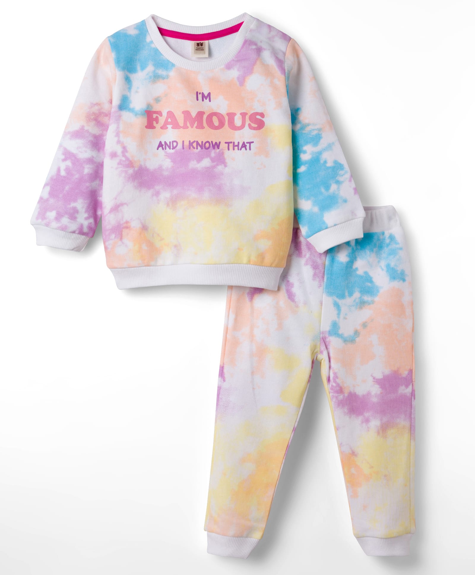 ToffyHouse Knit Full Sleeves T-Shirt & Lounge Pant Set With Tie & Dye Print - Multicolor-picture-26
