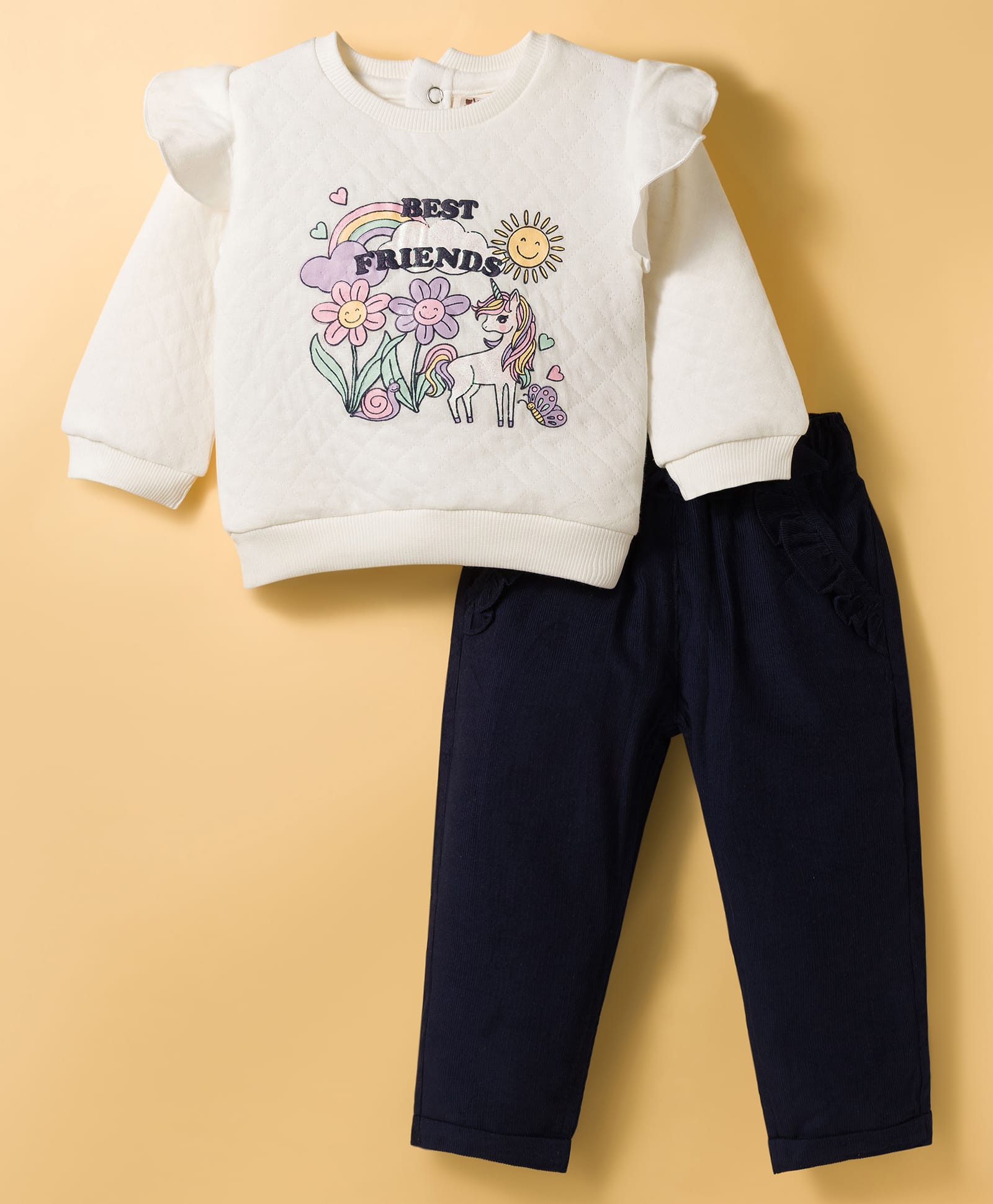 ToffyHouse Knit Full Sleeves Top & Lounge Pant Set With Floral & Unicorn Print - Navy Blue-picture-21