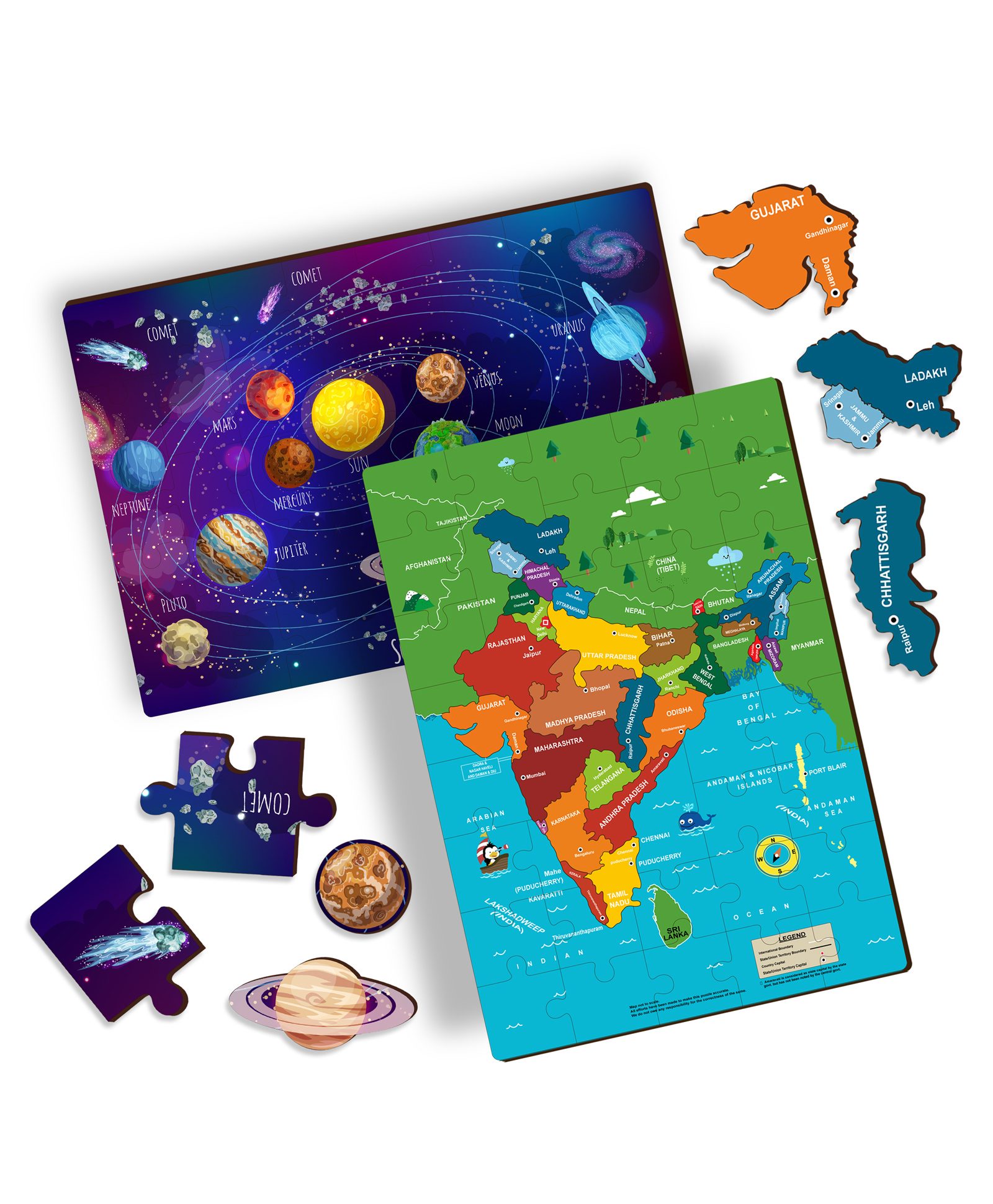 BitFeex Solar System and India Map Jigsaw Puzzle for Kids 2 Combo Educational Wooden Puzzle Board Learning Geography and Space Concepts Durable & Colorful Montessori Puzzle Toy for Boys & Girls Age 3+-image-14