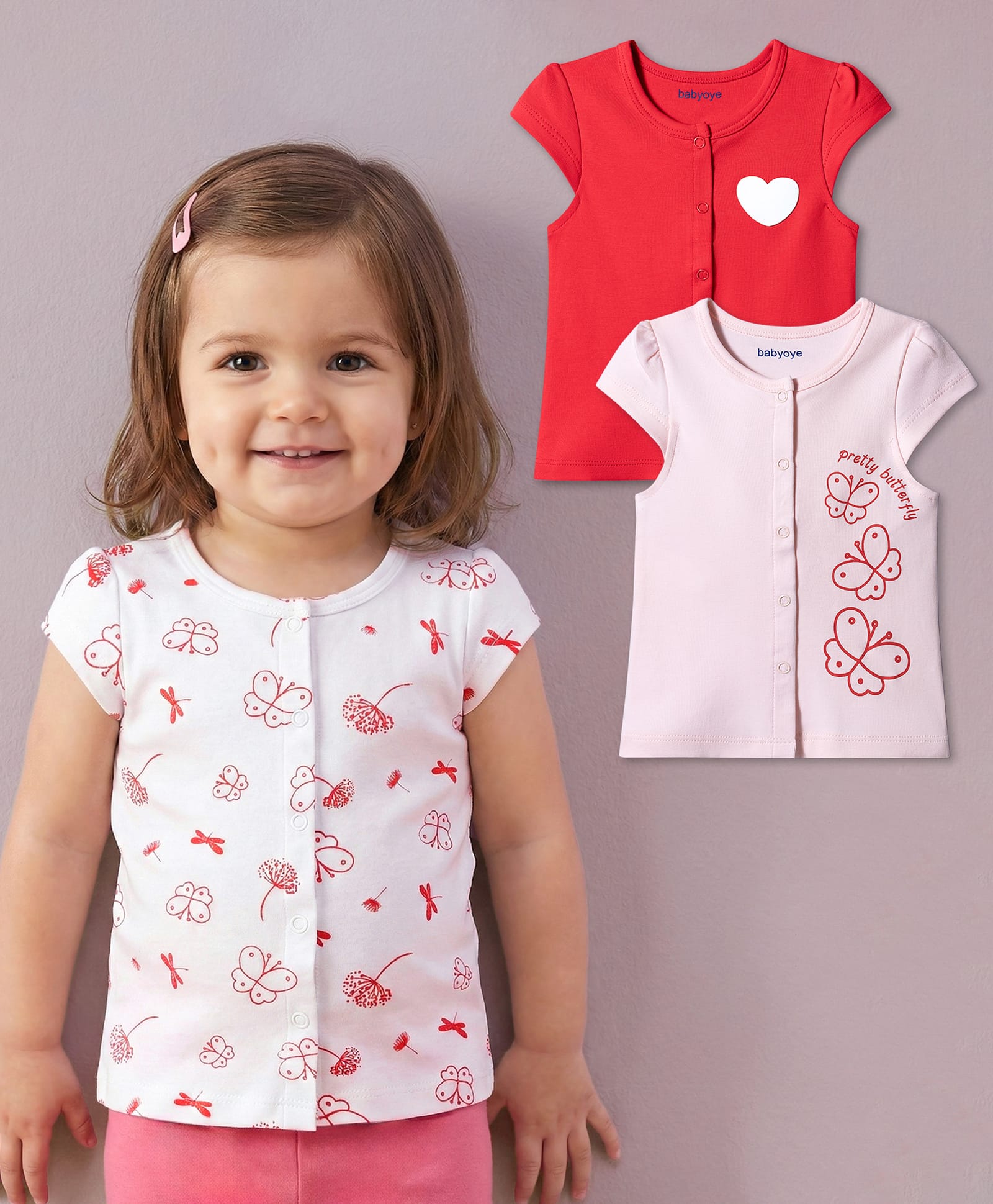 Babyoye Eco Conscious 100% Cotton Knit With Eco Jiva Finish Half Sleeves Butterfly Printed Jhablas - Red, Pink & White-picture-17
