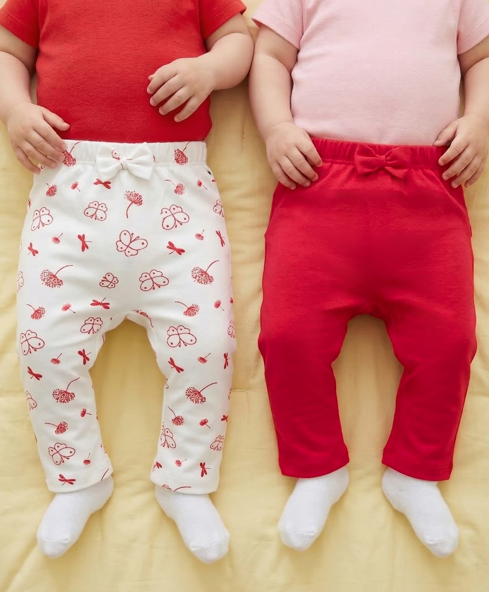 Babyoye Eco Conscious 100% Cotton Knit With Eco Jiva Finish Solid & Butterfly Printed Diaper Leggings Bow Applique Pack of 2 - White & Pink-picture-34
