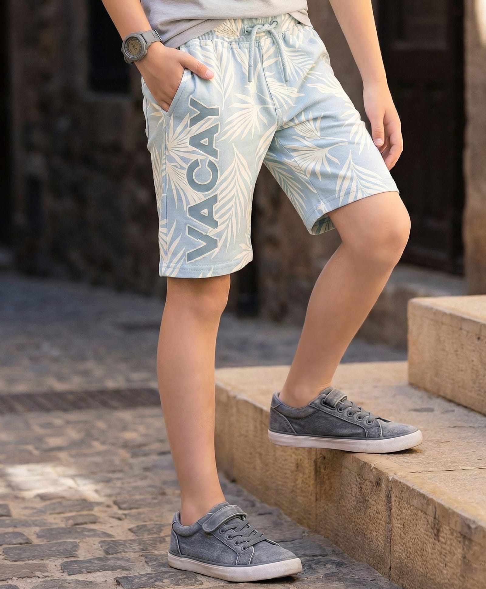 Pine Kids Looper Knit Shorts with Vacay Print - Sky Blue-picture-20