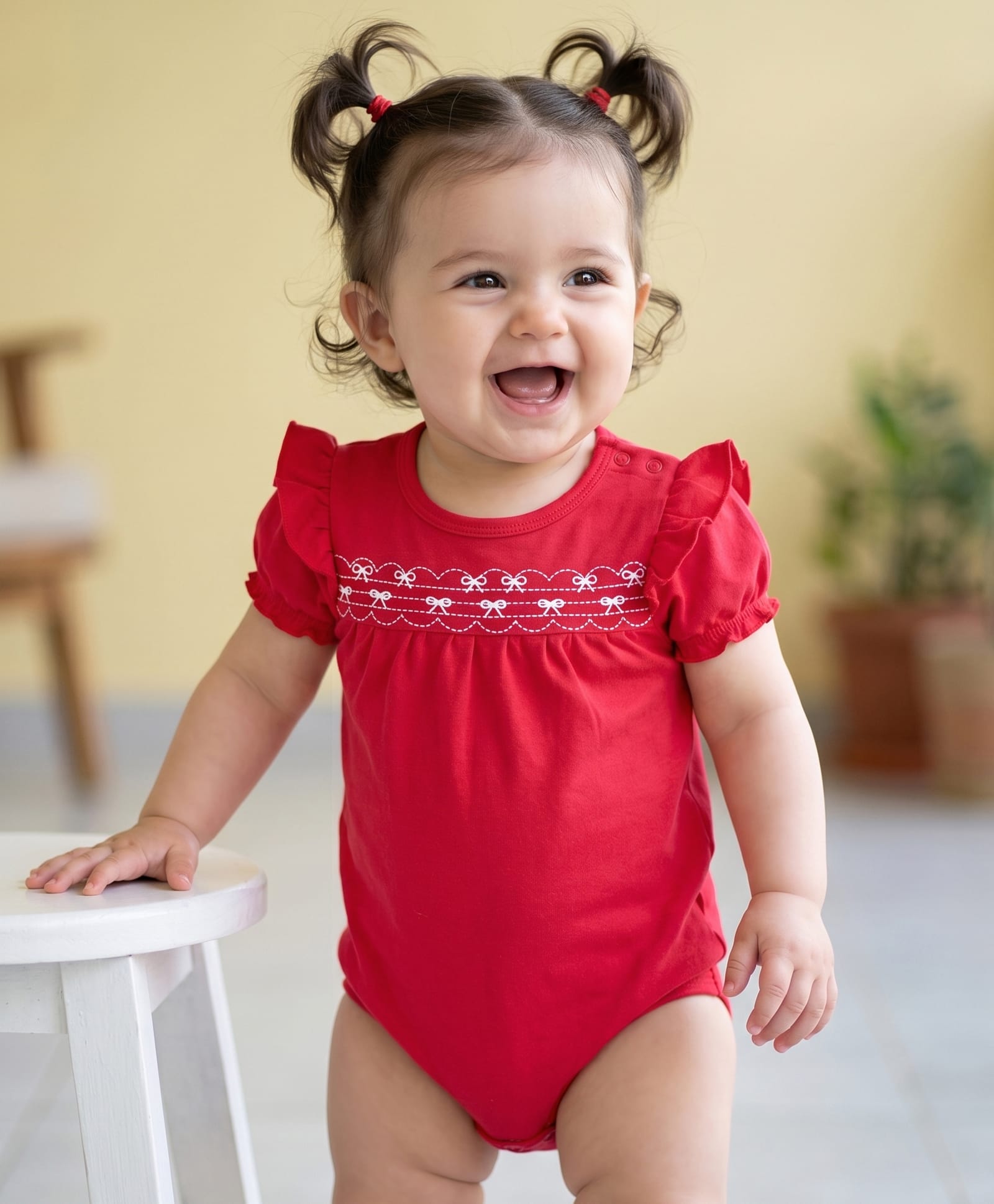Babyoye Eco Conscious 100% Cotton Knit With Eco Jiva Finish Half Puffed Sleeves Onesie with Bow Print & Frill Detailing - Red-picture-22