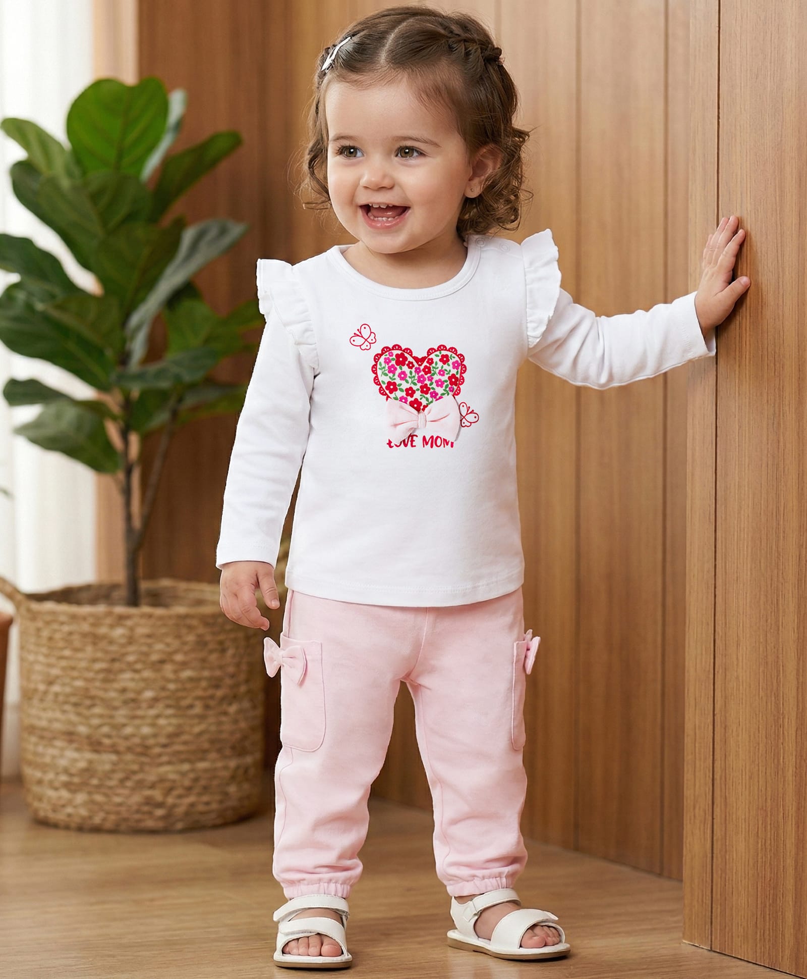 Babyoye Interlock Knit Eco Conscious Full Sleeves T-Shirt & Lounge Pant Set with Heart Print & Bow Applique - Pink & White-image-41