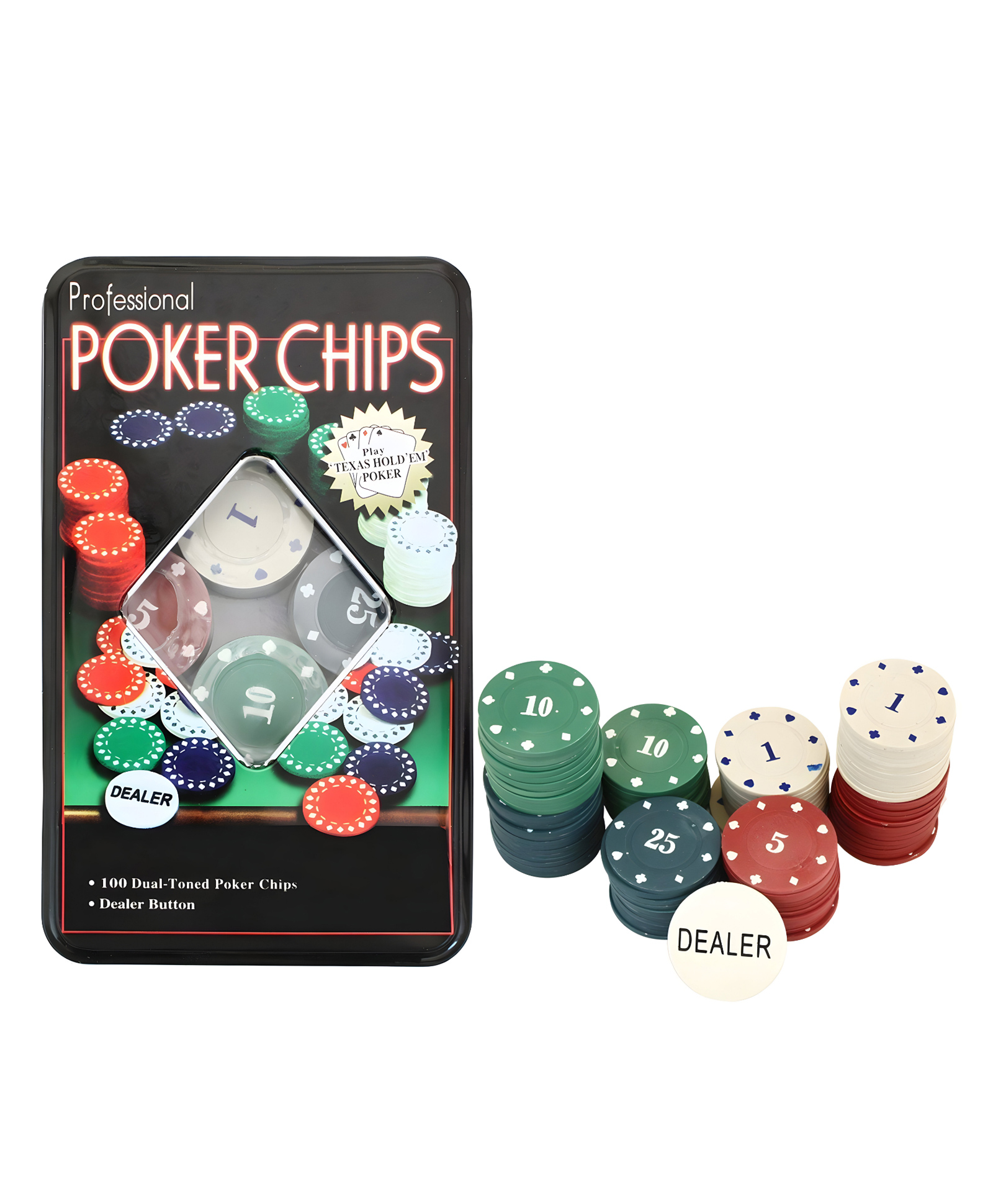 NEGOCIO Poker Chips Casino Game Playing Cards (Assorted, Set of 100) with Tin Case - PACK OF 1- COLOR MAY VARY-image-27