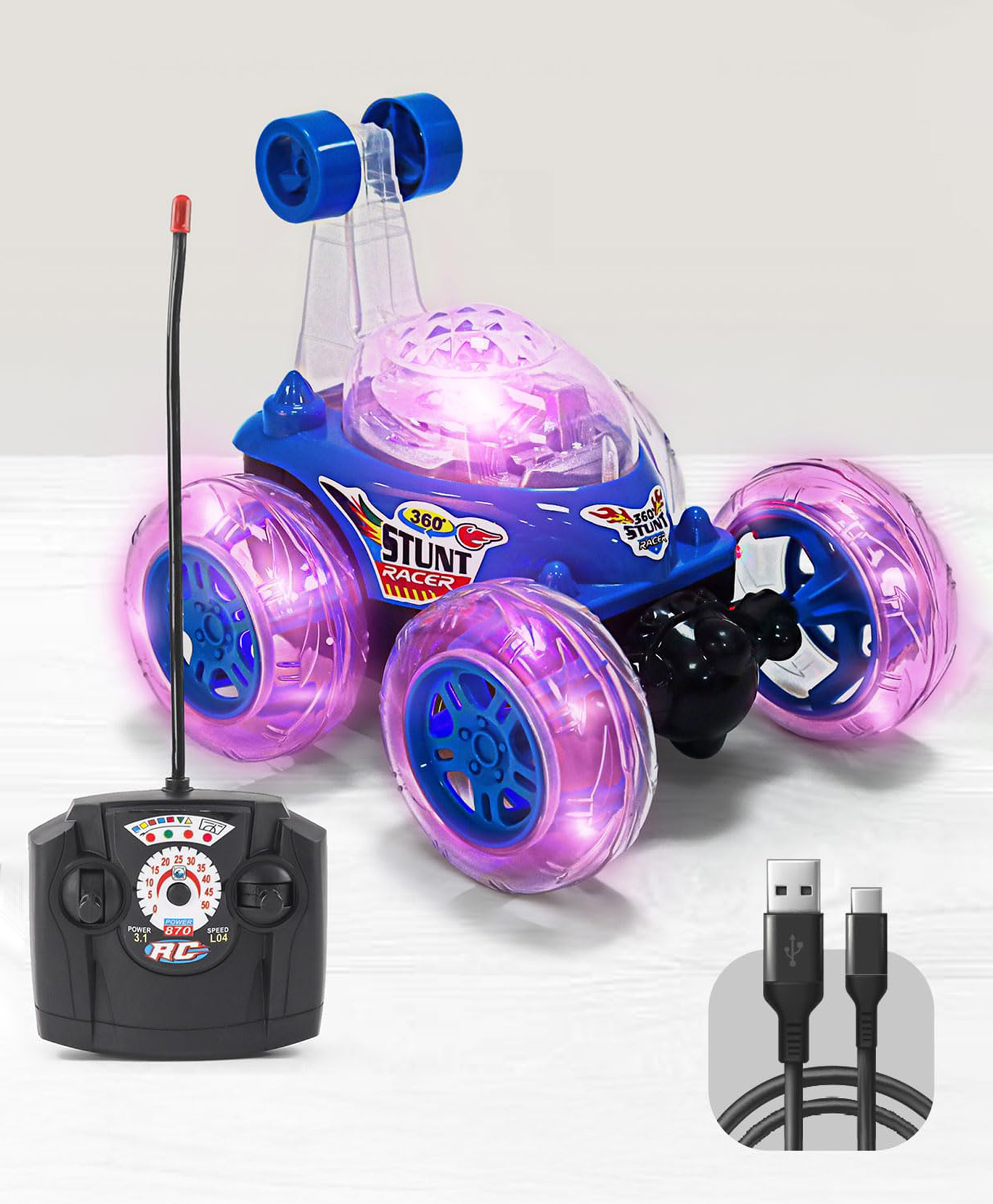 NIYAMAT Rechargeable 5 Functions 360° Rotating & Rolling Big Stunt Car Toy with Remote Controller with Demo Feature for Kids - Blue-image-38
