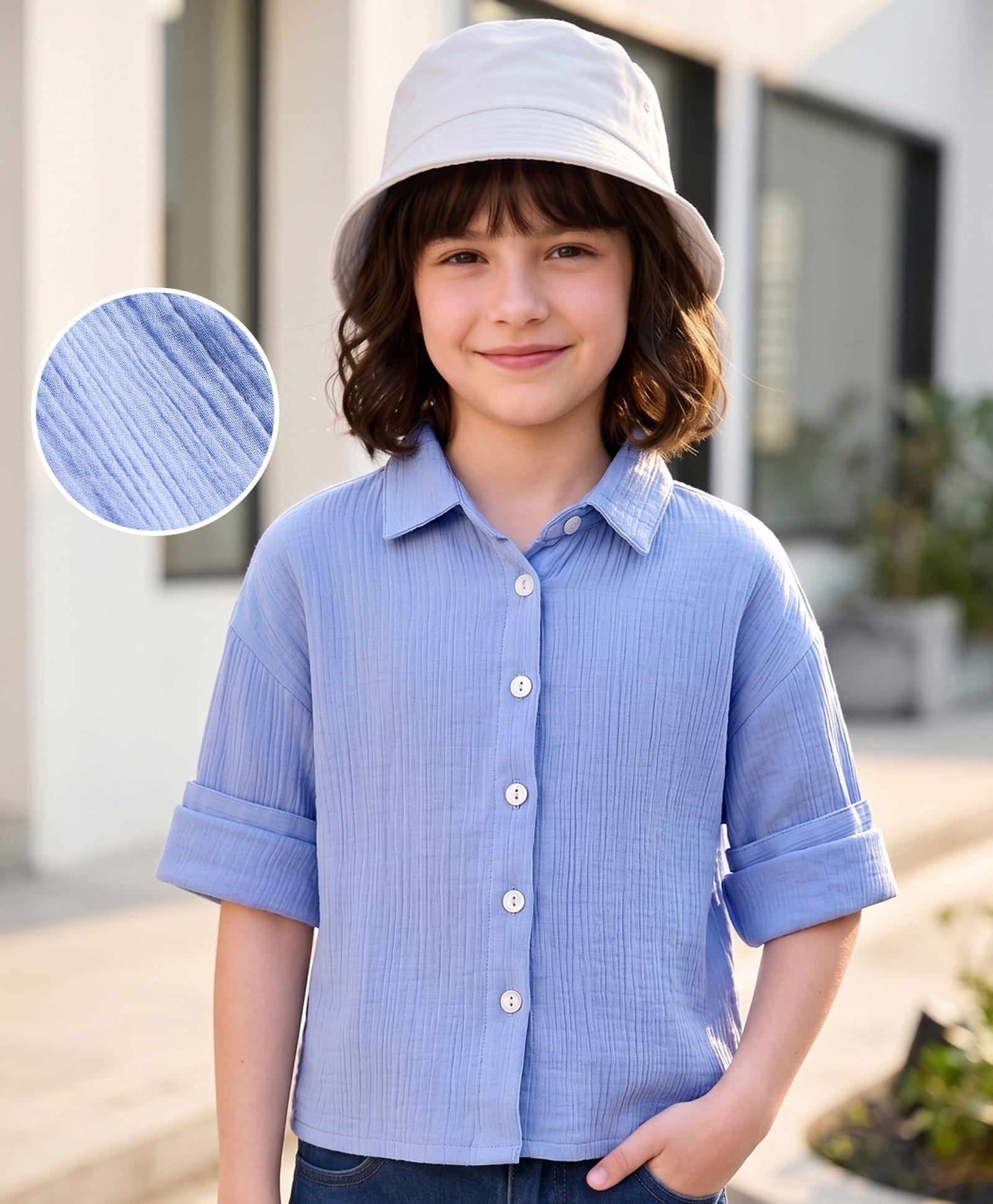 Kookie Kids Cotton Woven Full Sleeves Solid Color Top - Light Blue-image-32