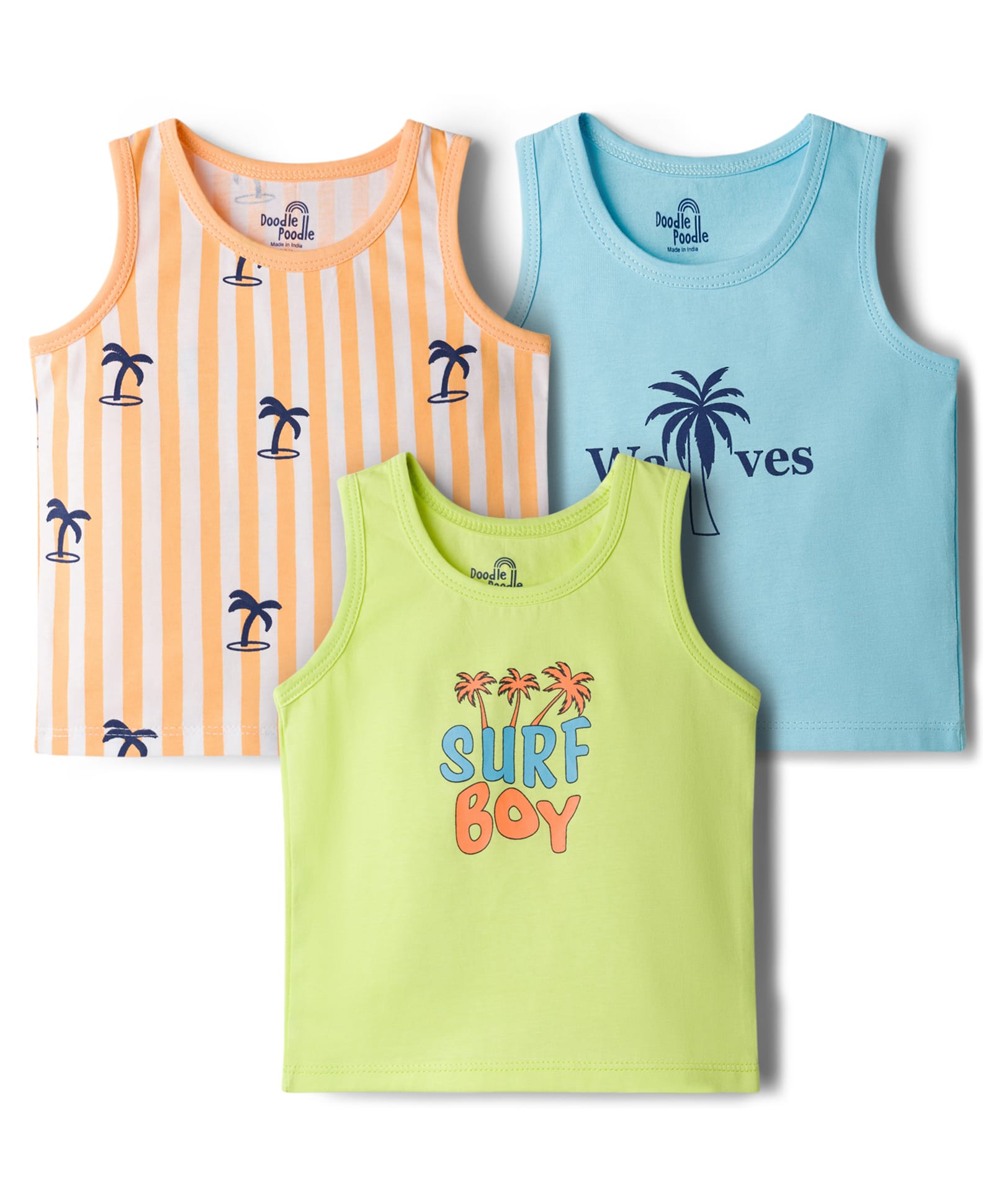 Doodle Poodle 100% Cotton Knit Sleeveless Vests with Tree Print Pack of 3 - White Lime Green & Light Blue-image-18