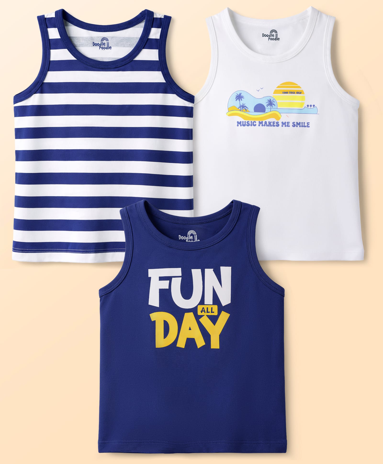 Doodle Poodle 100% Cotton Knit Sleeveless Striped & Printed Vests Pack of 3 - White & Navy Blue-image-46