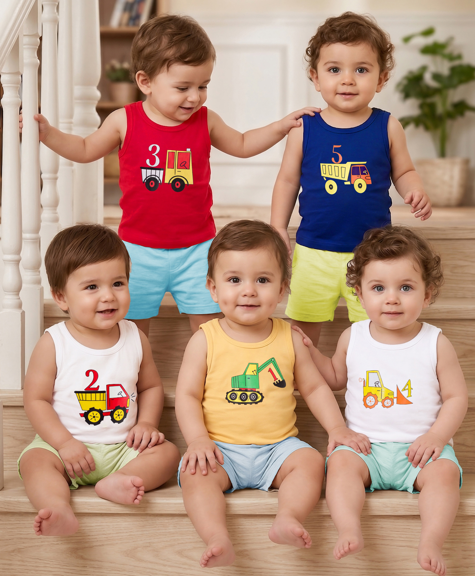 Doodle Poodle 100% Cotton Single Jersey Knit Sleeveless Vest With Vehicle Print Pack of 5 - Multicolor-picture-31