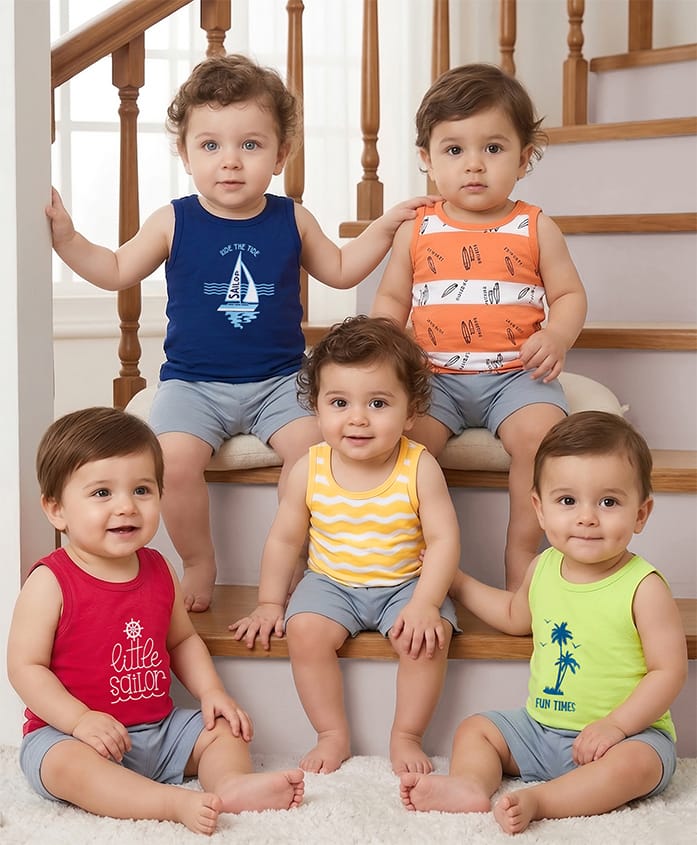 Doodle Poodle 100% Cotton Single Jersey Knit Sleeveless Printed Vests Pack of 5 - Multicolor-image-11