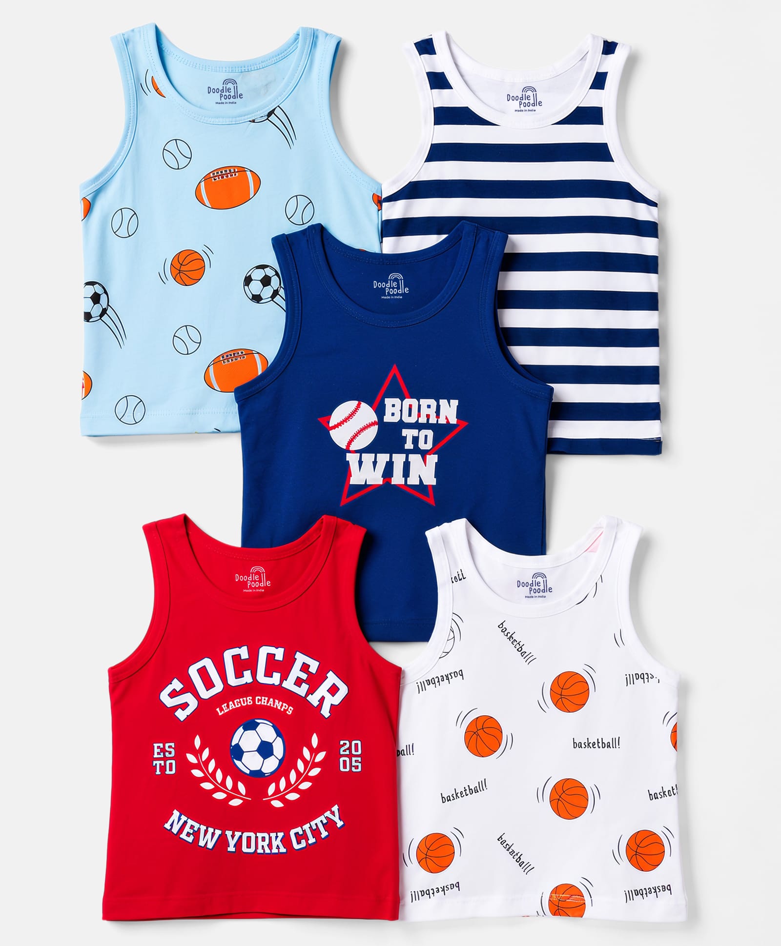 Doodle Poodle 100% Cotton Knit Sleeveless Striped & Sports Theme Printed Vests Pack Of 5 - Navy Blue Red & White-image-45