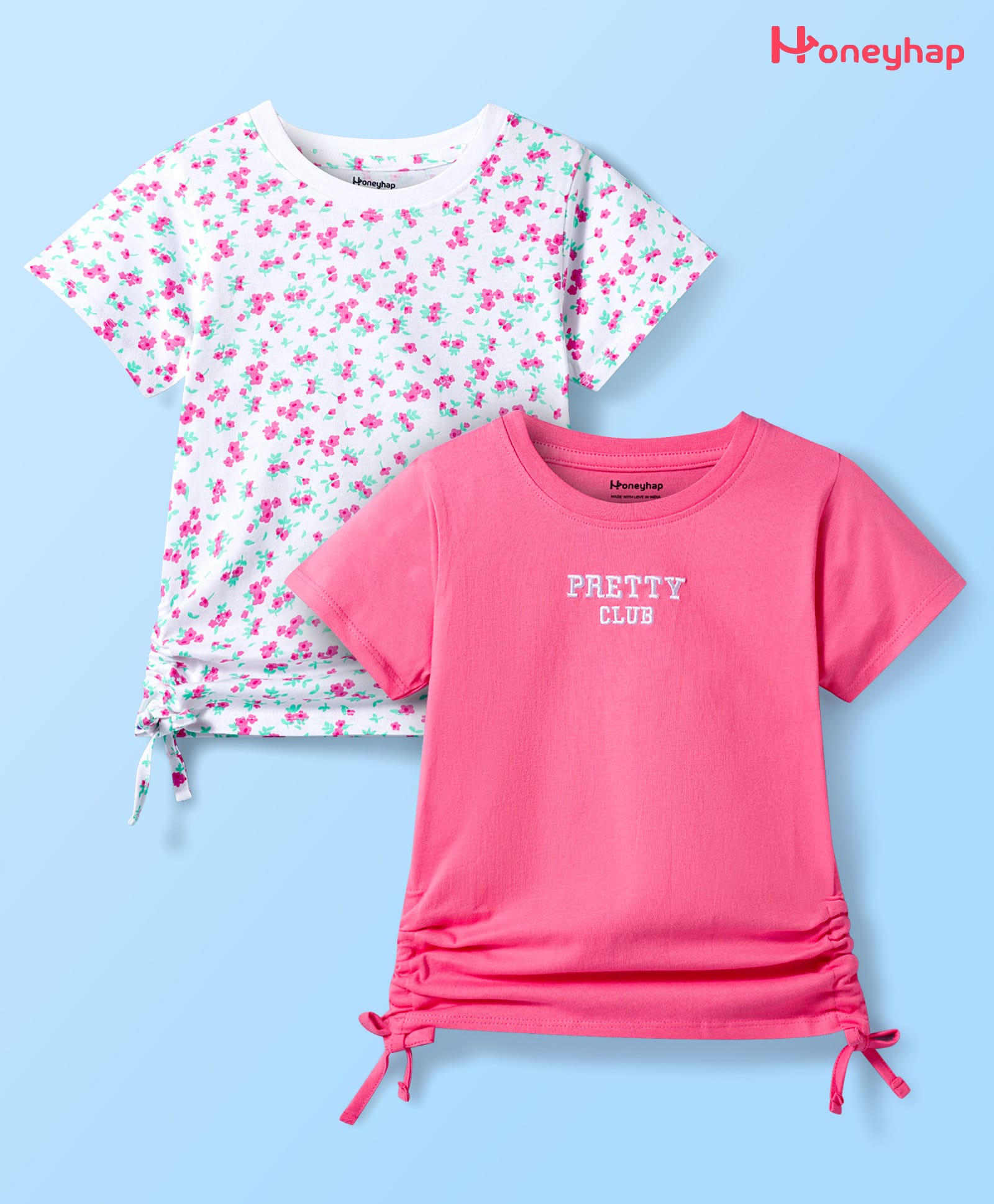 Honeyhap Premium 100% Cotton Knit Half Sleeves Tops with Floral Print & Bio Finish Pack of 2 - Bright White & Mars Red-picture-13