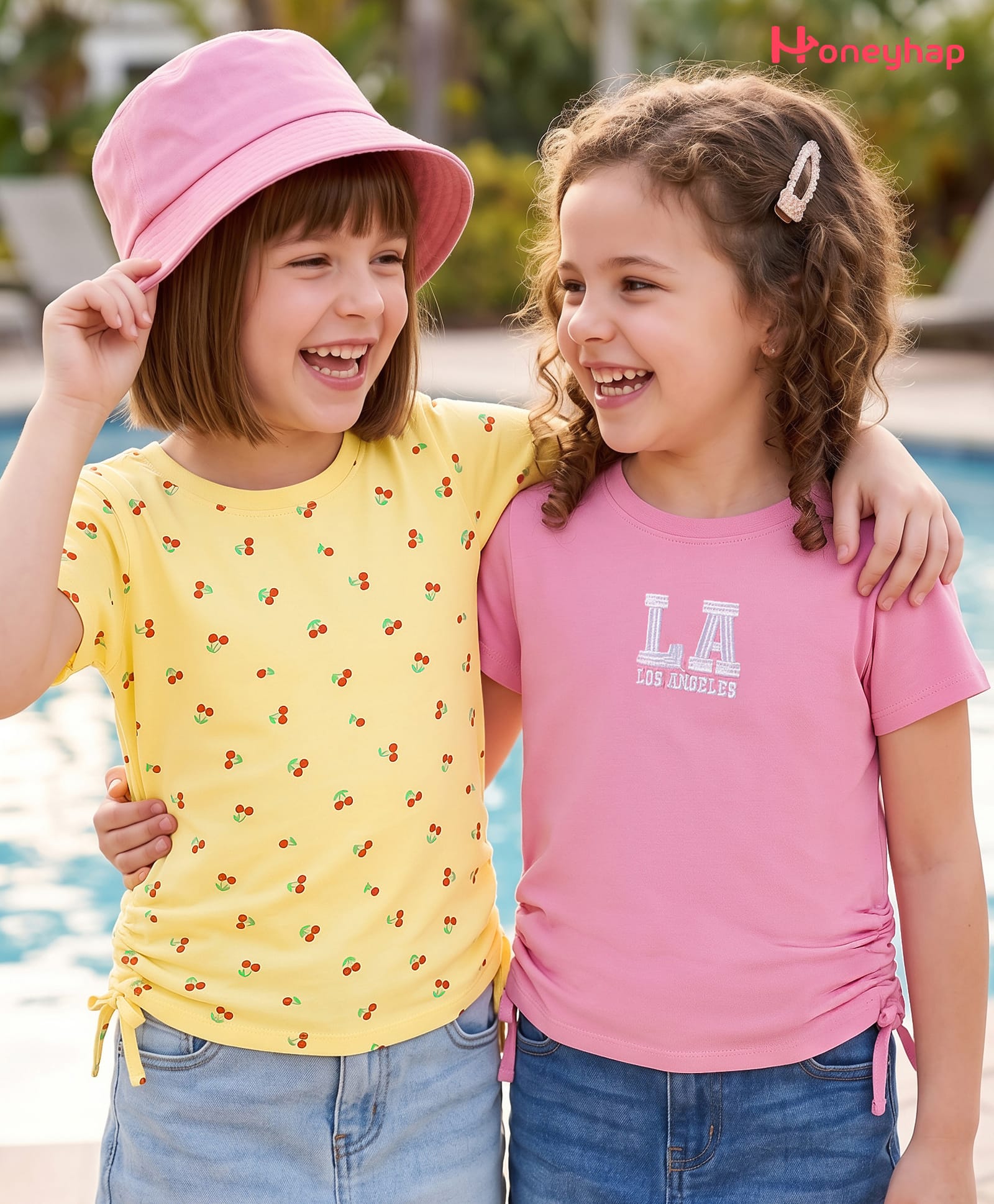 Honeyhap Premium 100% Cotton Knit Half Sleeves Top with Bio Finish Cherry & Text Print Pack of 2 - Yellow & Pink-picture-19