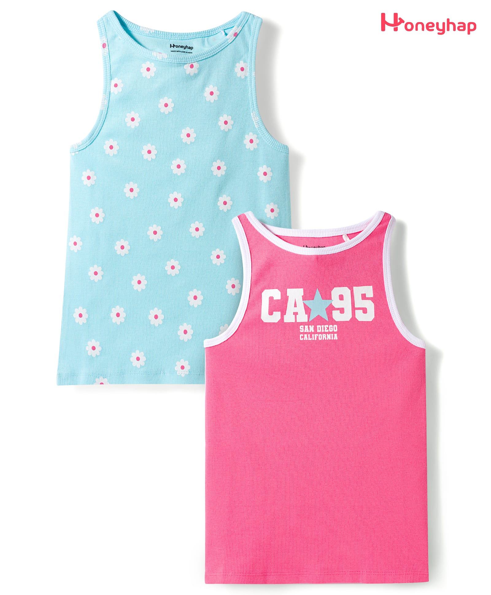 Honeyhap Premium Cotton Spandex Knit Sleeveless Tank Tops With Bio Finish & Floral Print Pack of 2 - Clearwater & Pink Lemonade-image-32