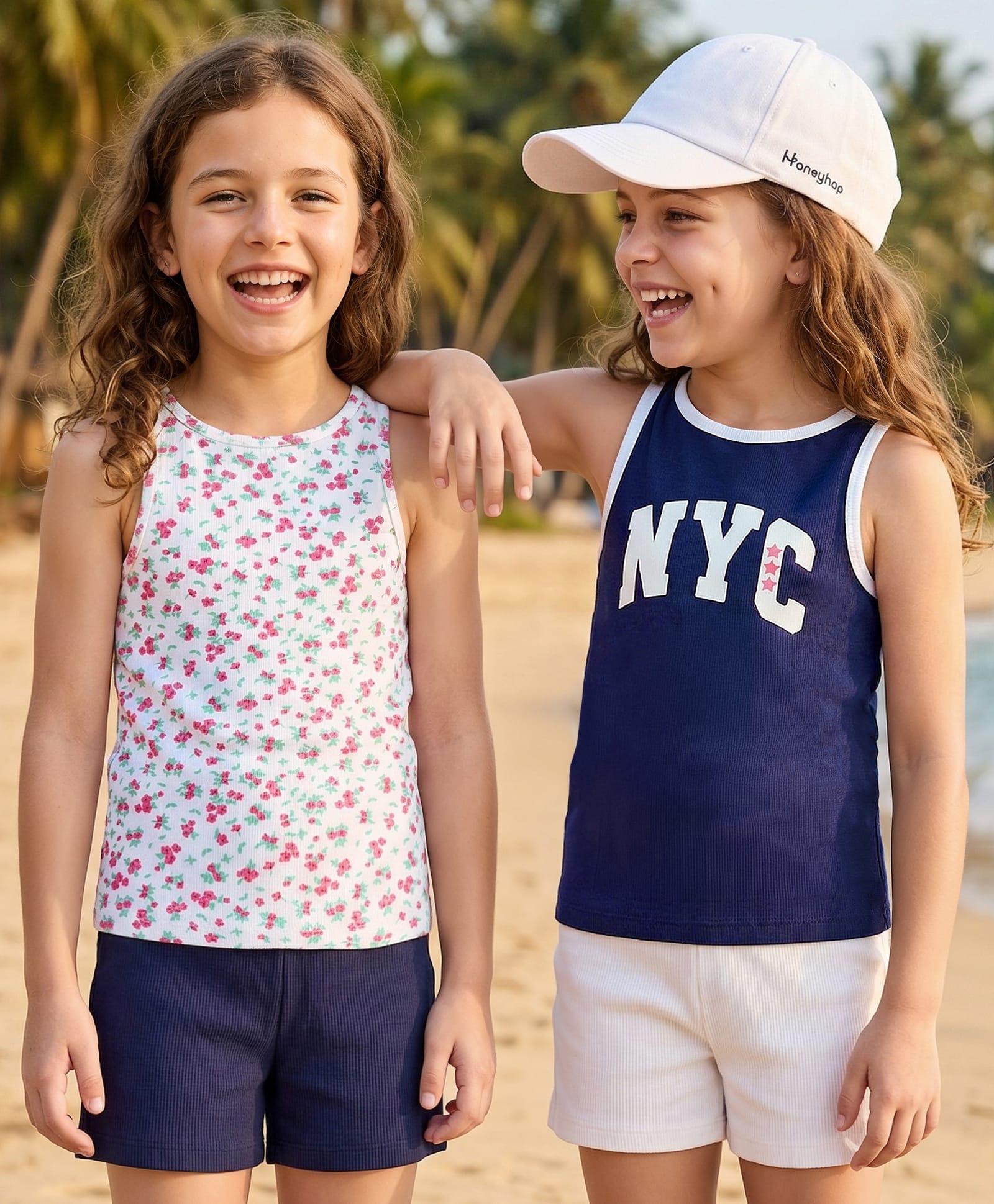 Honeyhap Premium Cotton Elastane Knit Sleeveless Floral & NYC Printed Tank Tops Pack Of 2 - Bright White & Ocean Cavern-picture-6