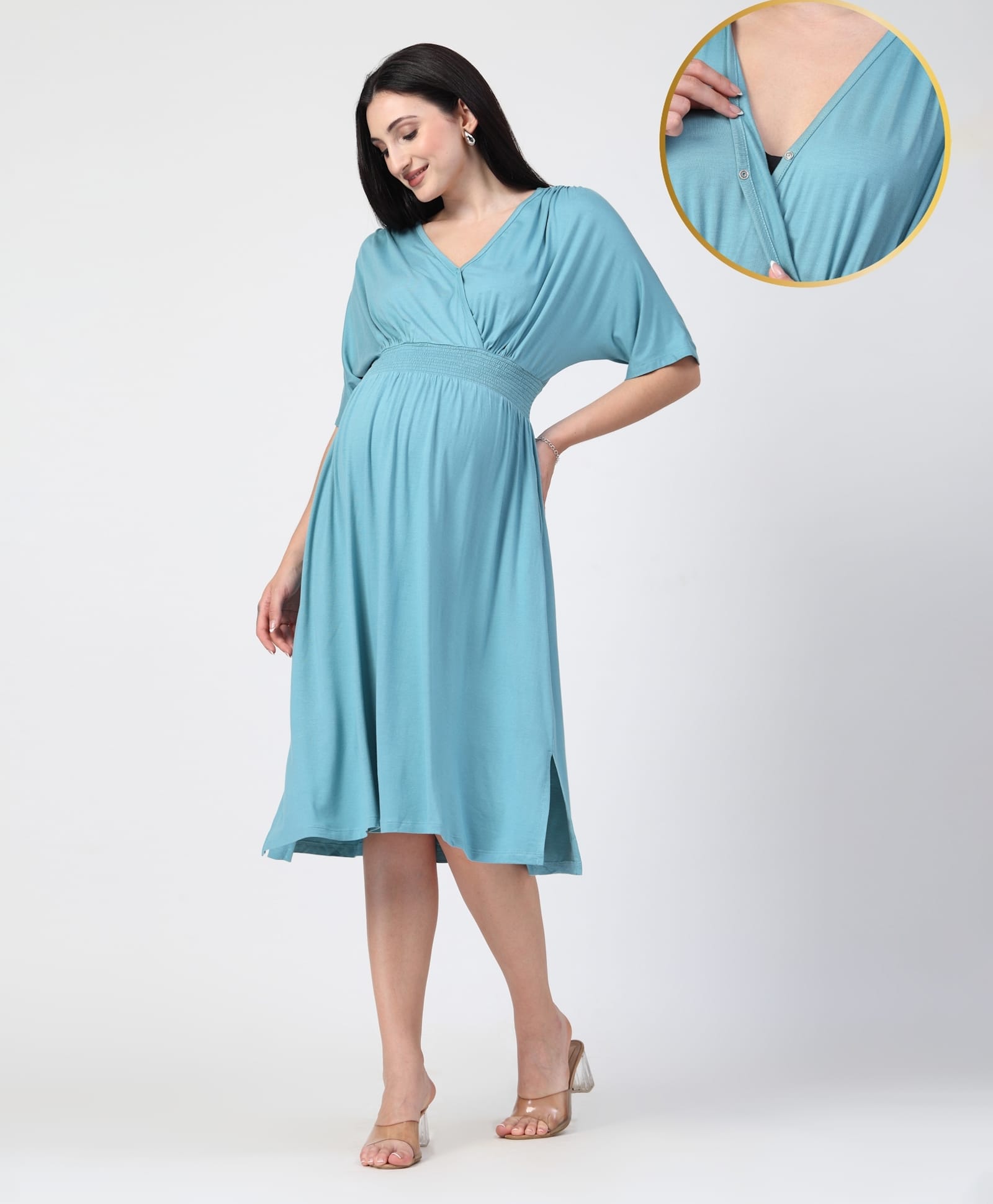 Zelena 95% Viscose 5% Lycra Woven Half Sleeves Solid Maternity Dress With Center Nursing Access - Sea Green-picture-22