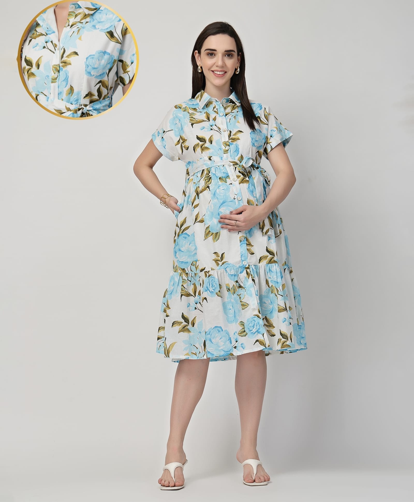 Zelena 100% Cotton Woven Half Sleeves Floral Printed Maternity Shirt Dress With Front Open Nursing Access - White & Sky Blue-image-12