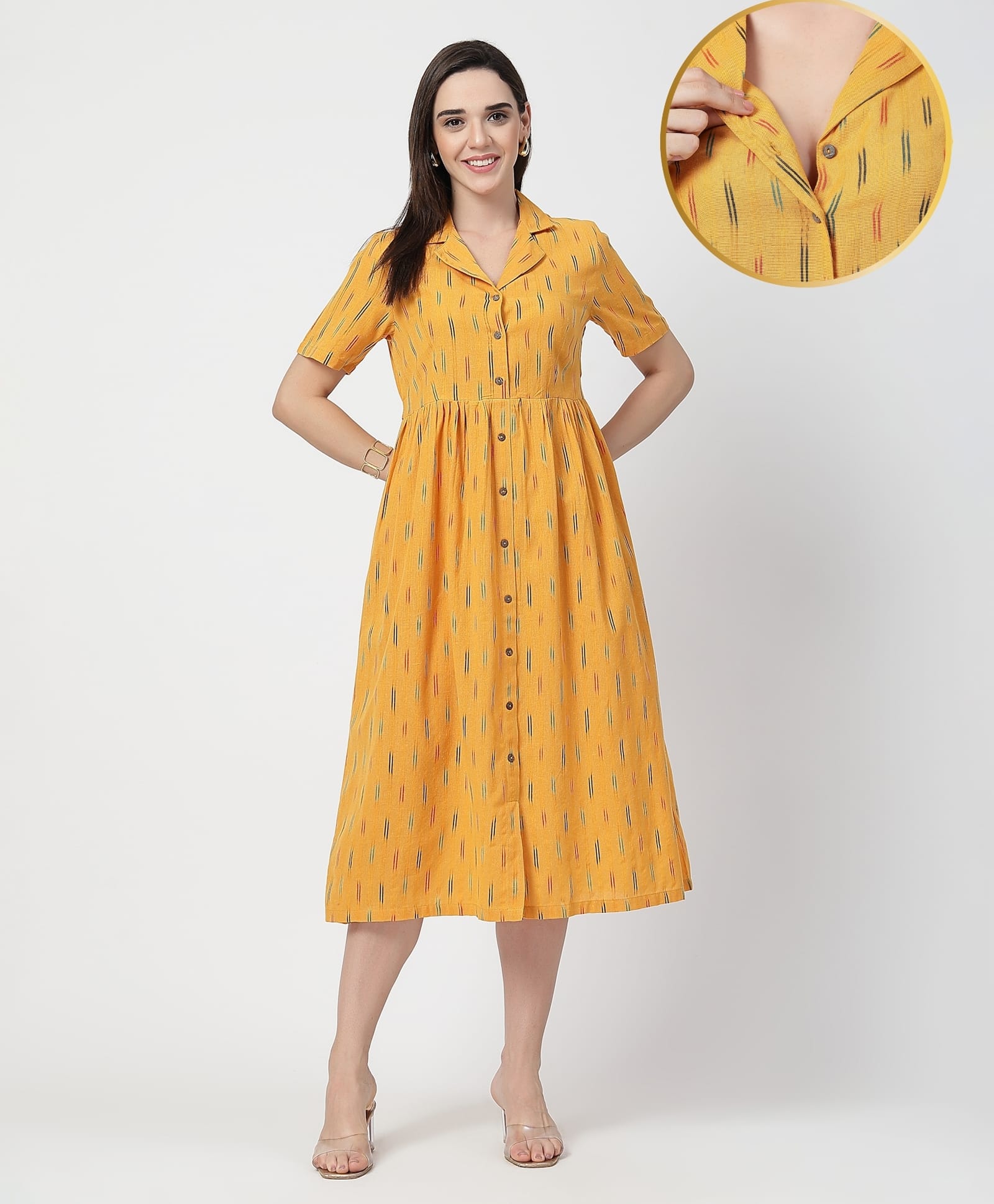 Zelena 100% Cotton Woven Half Sleeves Abstract Printed Maternity Shirt Dress With Front Open Nursing Access - Mustard Yellow-image-33