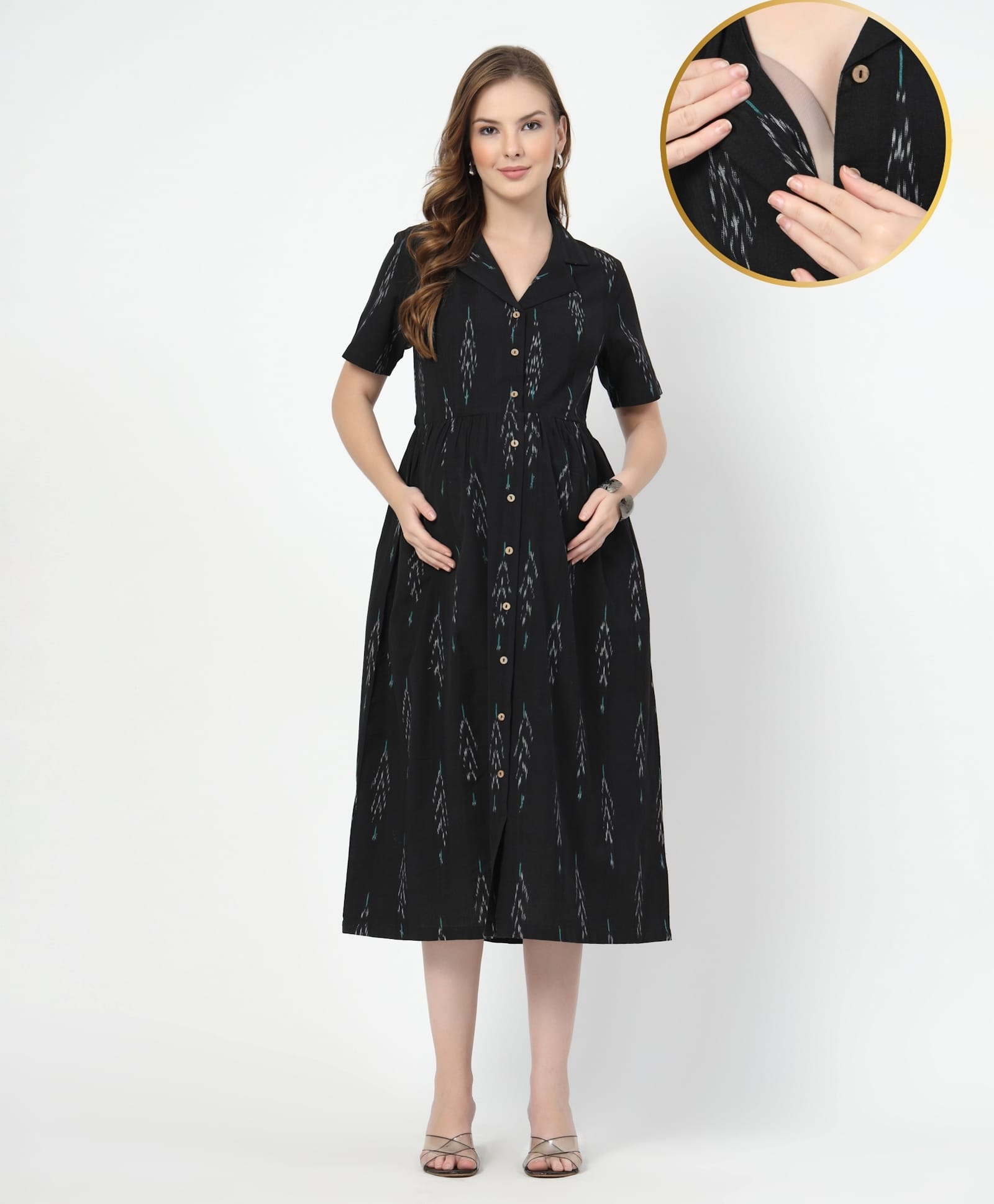Zelena 100% Cotton Woven Half Sleeves Ikat Printed Maternity Shirt Dress With Front Open Nursing Access - Black & Grey-picture-33