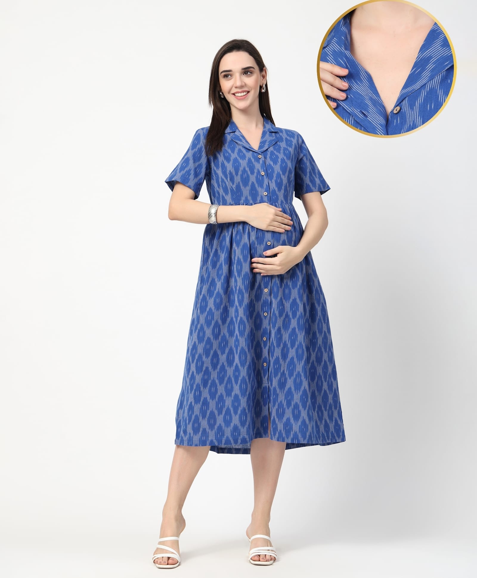 Zelena 100% Cotton Woven Half Sleeves Ikat Printed Maternity Shirt Dress With Front Open Nursing Access - Royal Blue-picture-28