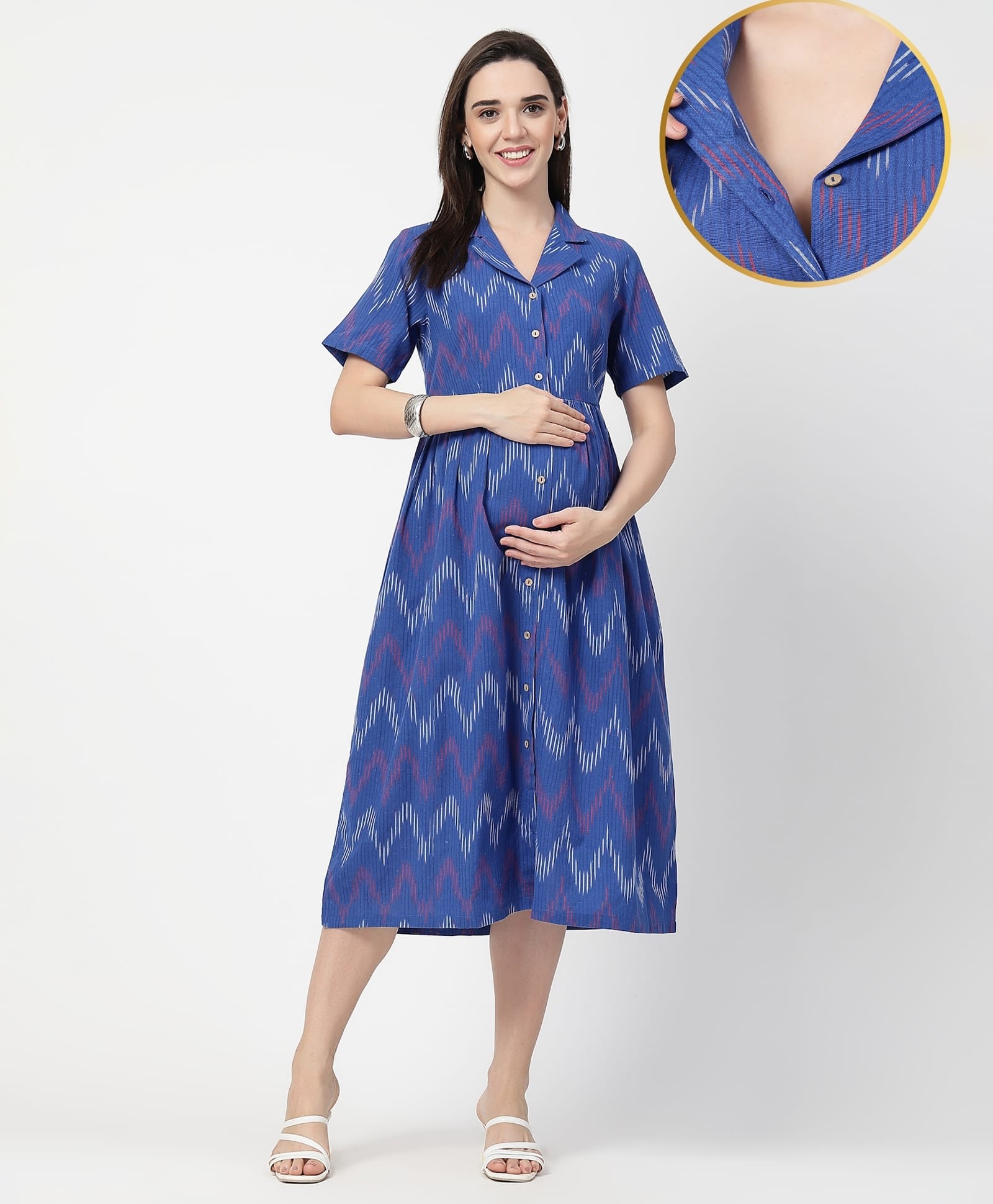 Zelena 100% Cotton Woven Half Sleeves Ikat Printed Shirt Style Maternity Dress With Front Open Nursing Access - Navy Blue-picture-31