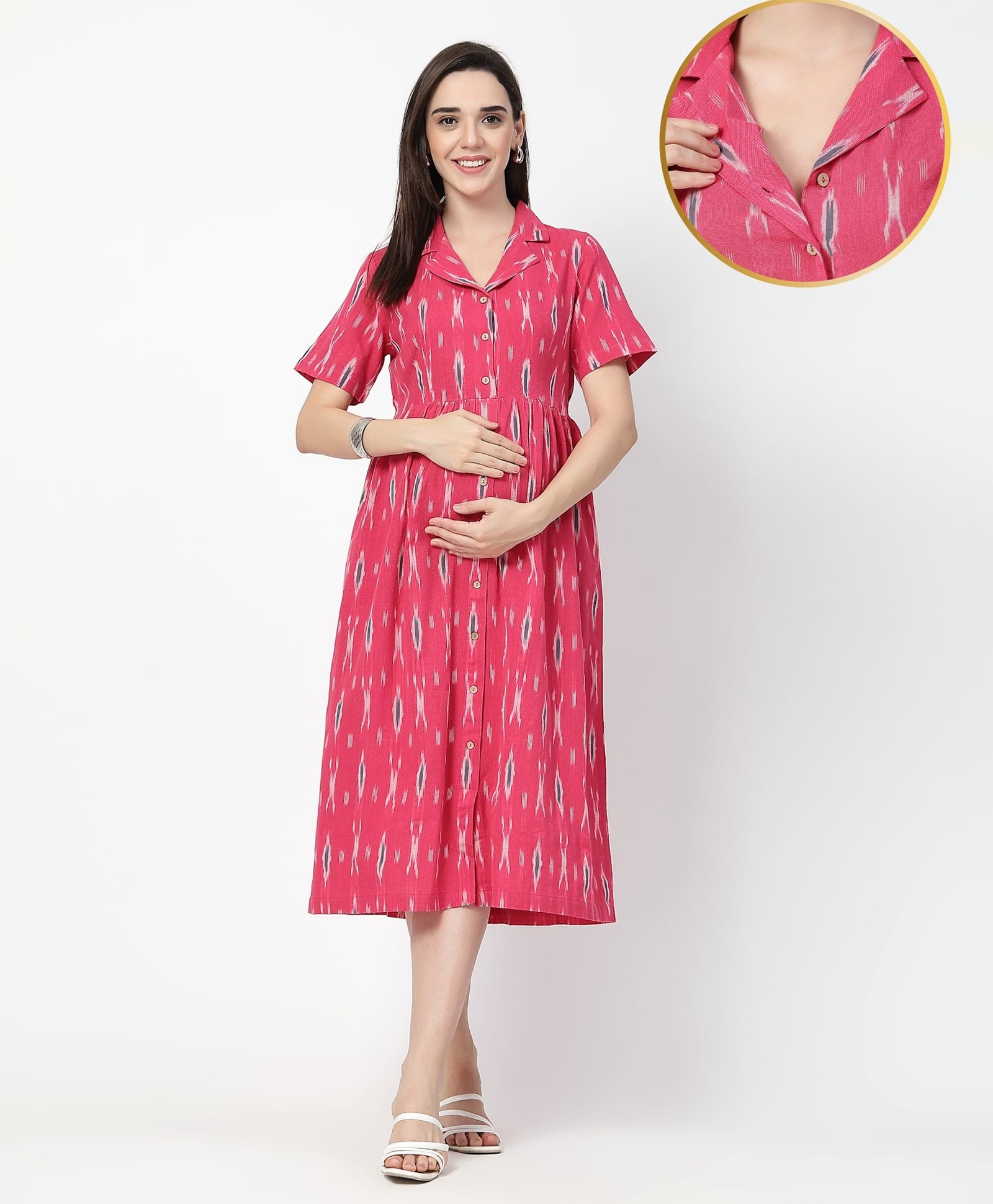 Zelena 100% Cotton Woven Half Sleeves Ikat Printed Shirt Style Maternity Dress With Front Open Nursing Access - Rani Pink