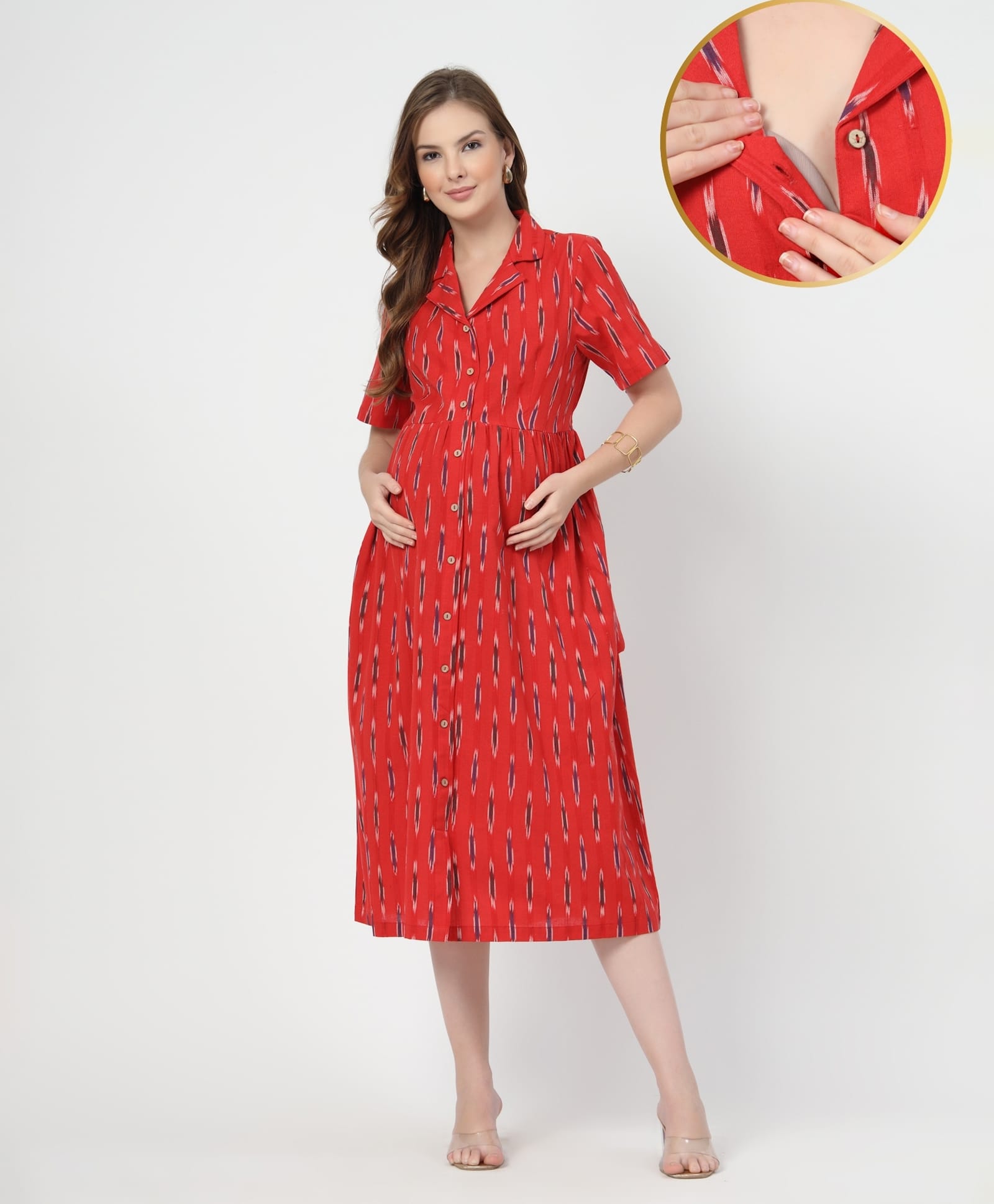 Zelena 100% Cotton Woven Half Sleeves Ikat Printed Shirt Style Maternity Dress With Front Open Nursing Access - Brick Red-picture-27