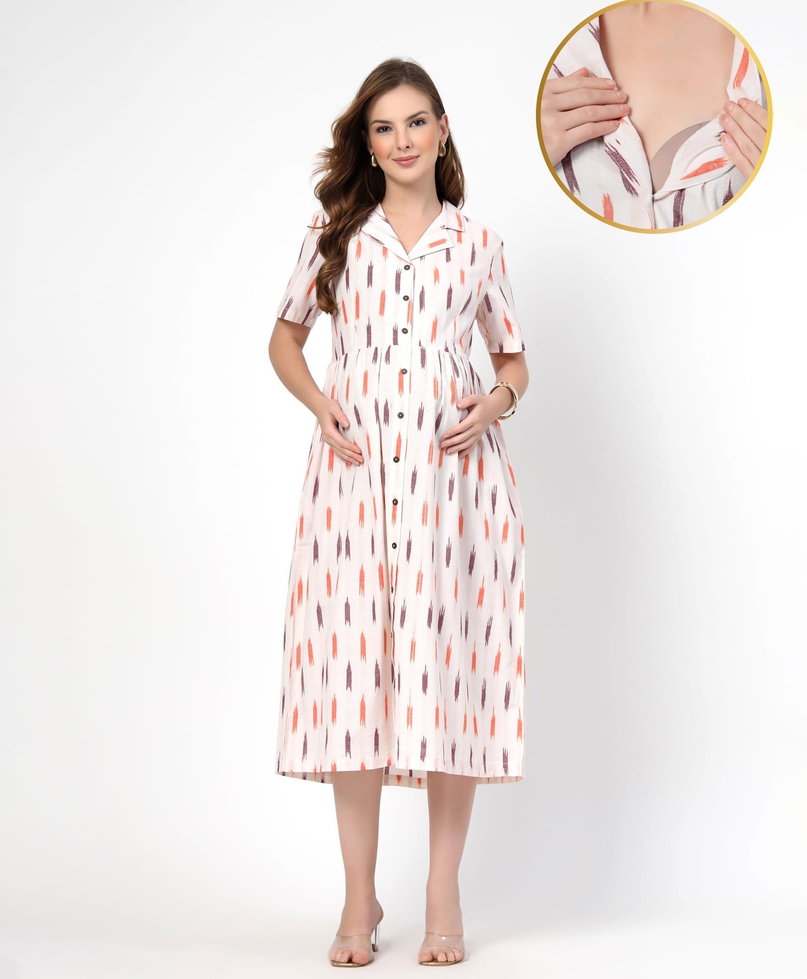 Zelena 100% Cotton Woven Half Sleeves Ikat Printed Shirt Style Maternity Dress With Front Open Nursing Access - Off White-picture-30