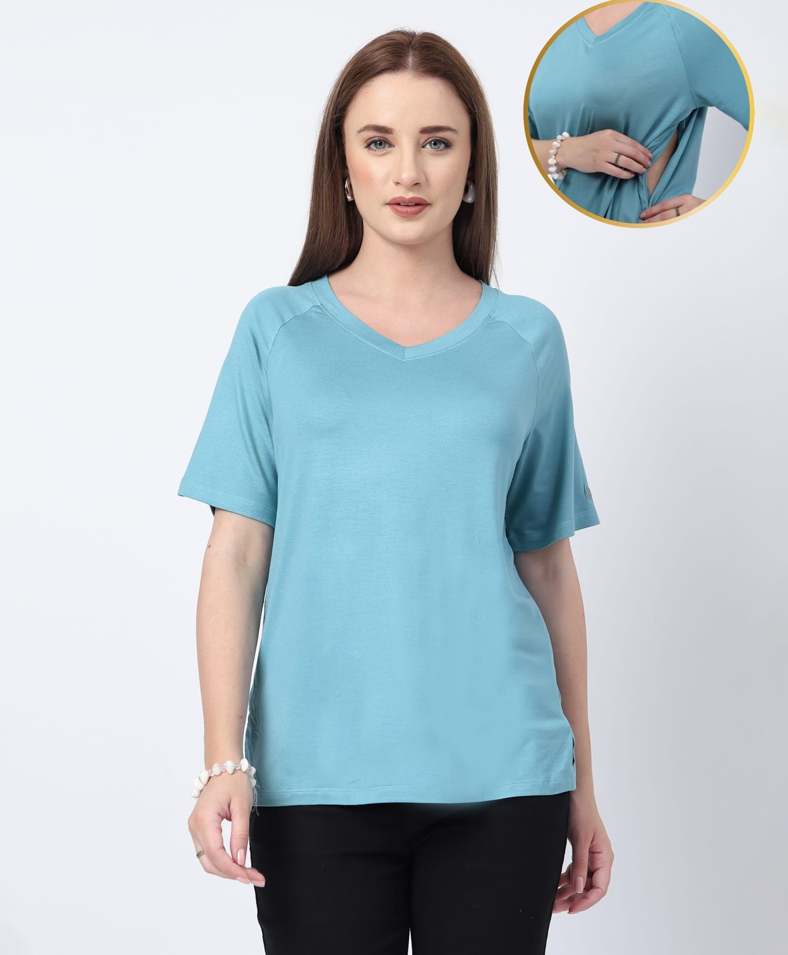 Zelena 95% Viscose 5% Lycra Woven Half Sleeves Solid Maternity Top With Side Zipper Nursing Access - Sea Green-picture-16