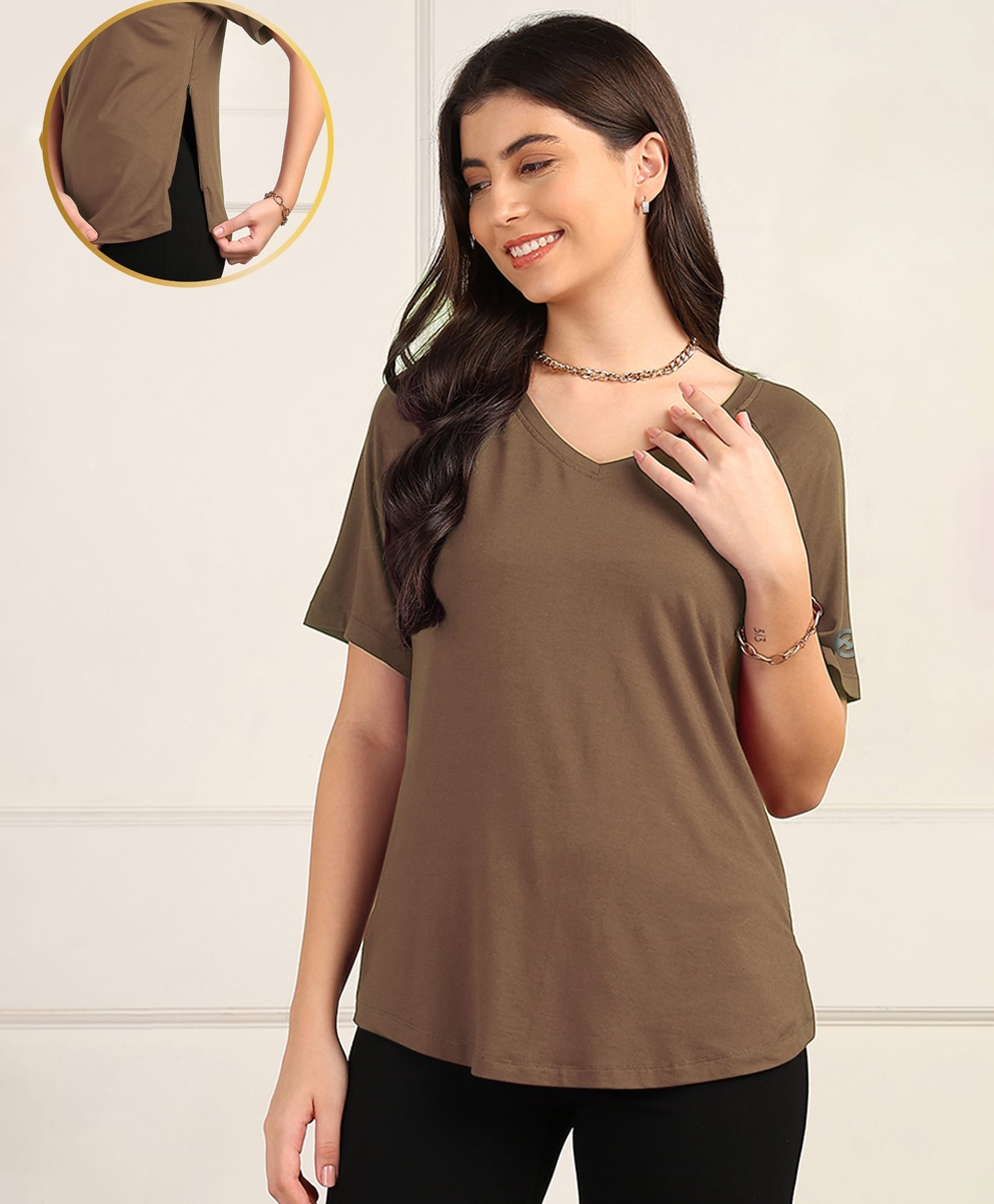 Zelena 95% Viscose 5% Lycra Woven Half Sleeves Solid Maternity Top With Side Zipper Nursing Access - Mocha-picture-12