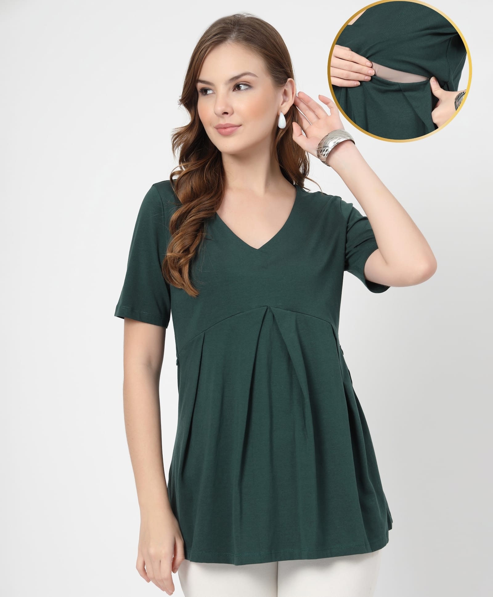 Zelena 95% Viscose 5% Lycra Woven Half Sleeves Solid Maternity Top With Side Zipper Nursing Access - Bottle Green-image-44